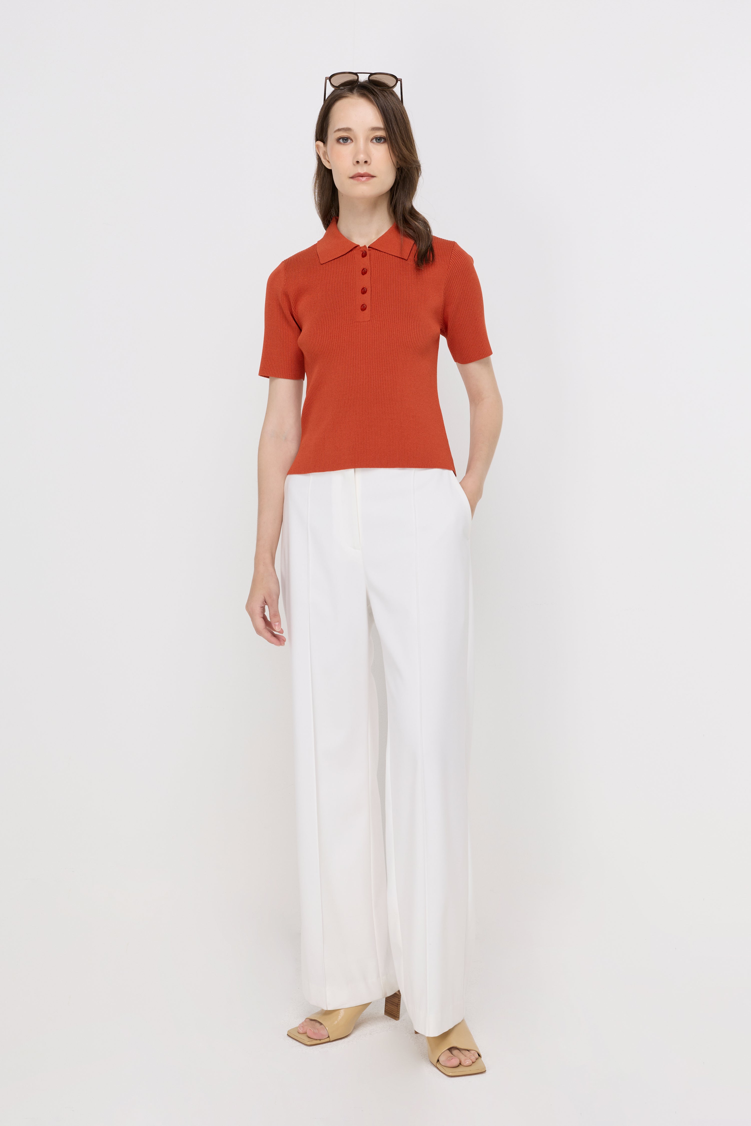 Ribbed Knit Polo Top Orange