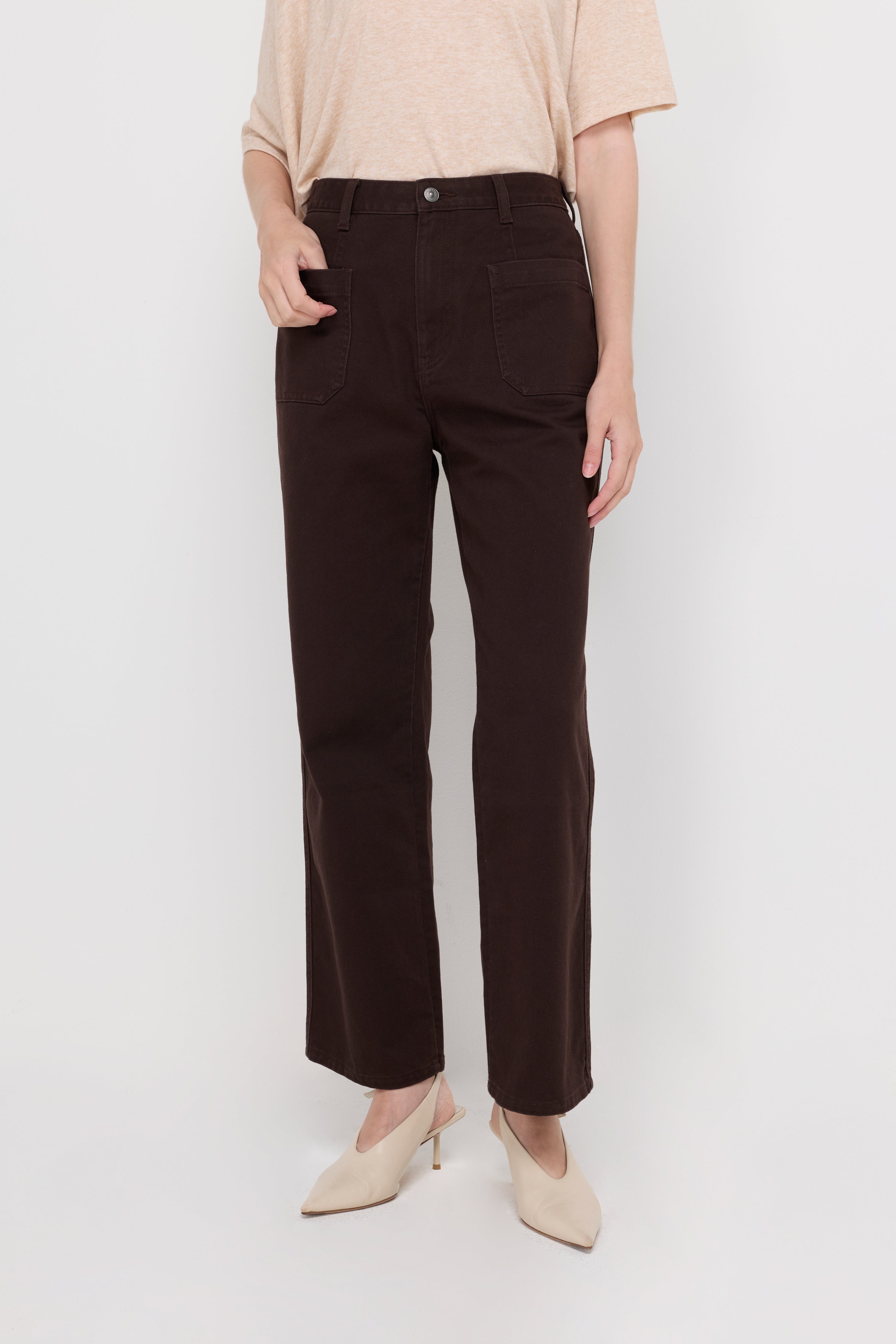 High-Rise Wide-Leg Denim Trousers Dark Brown