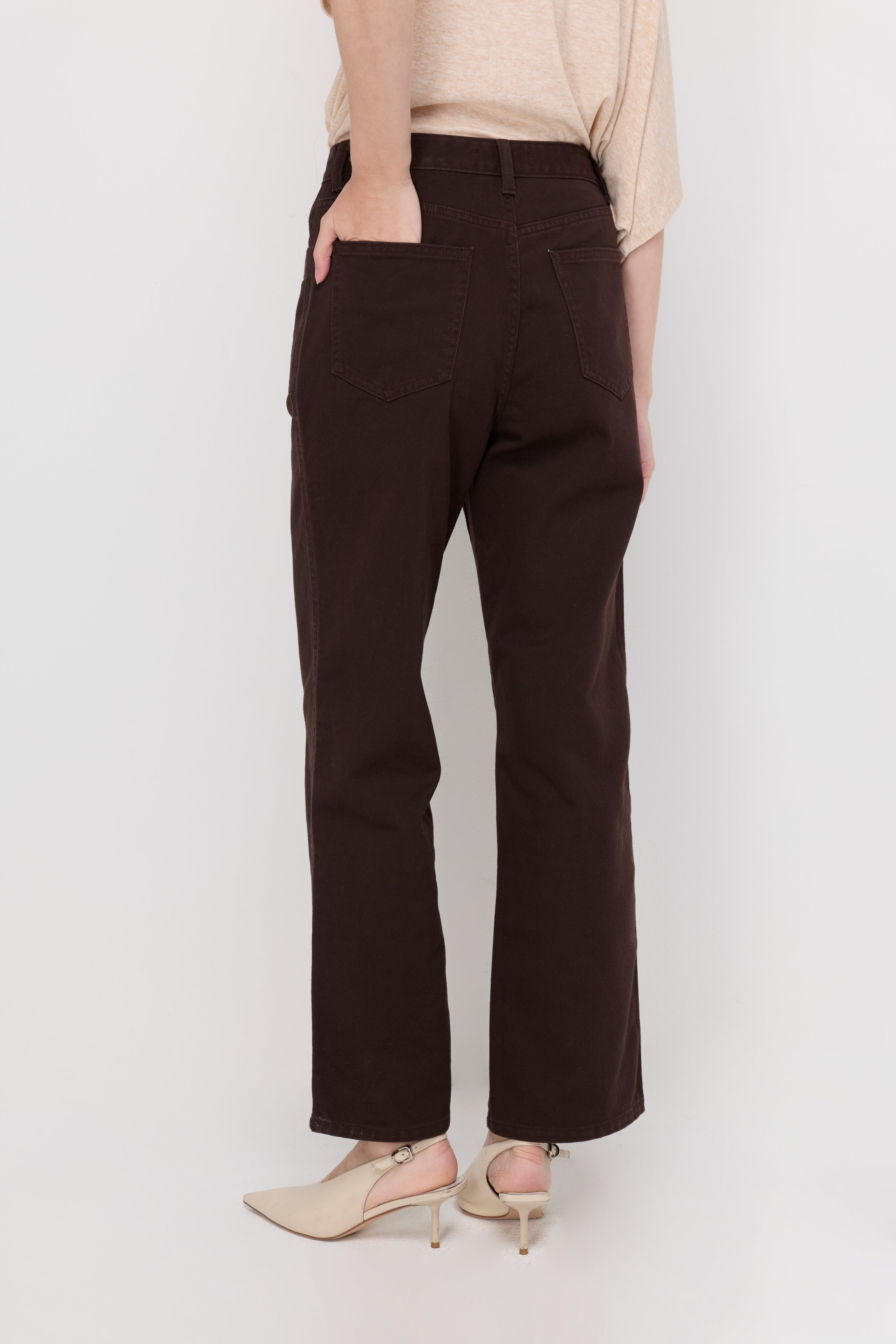 High-Rise Wide-Leg Denim Trousers Dark Brown