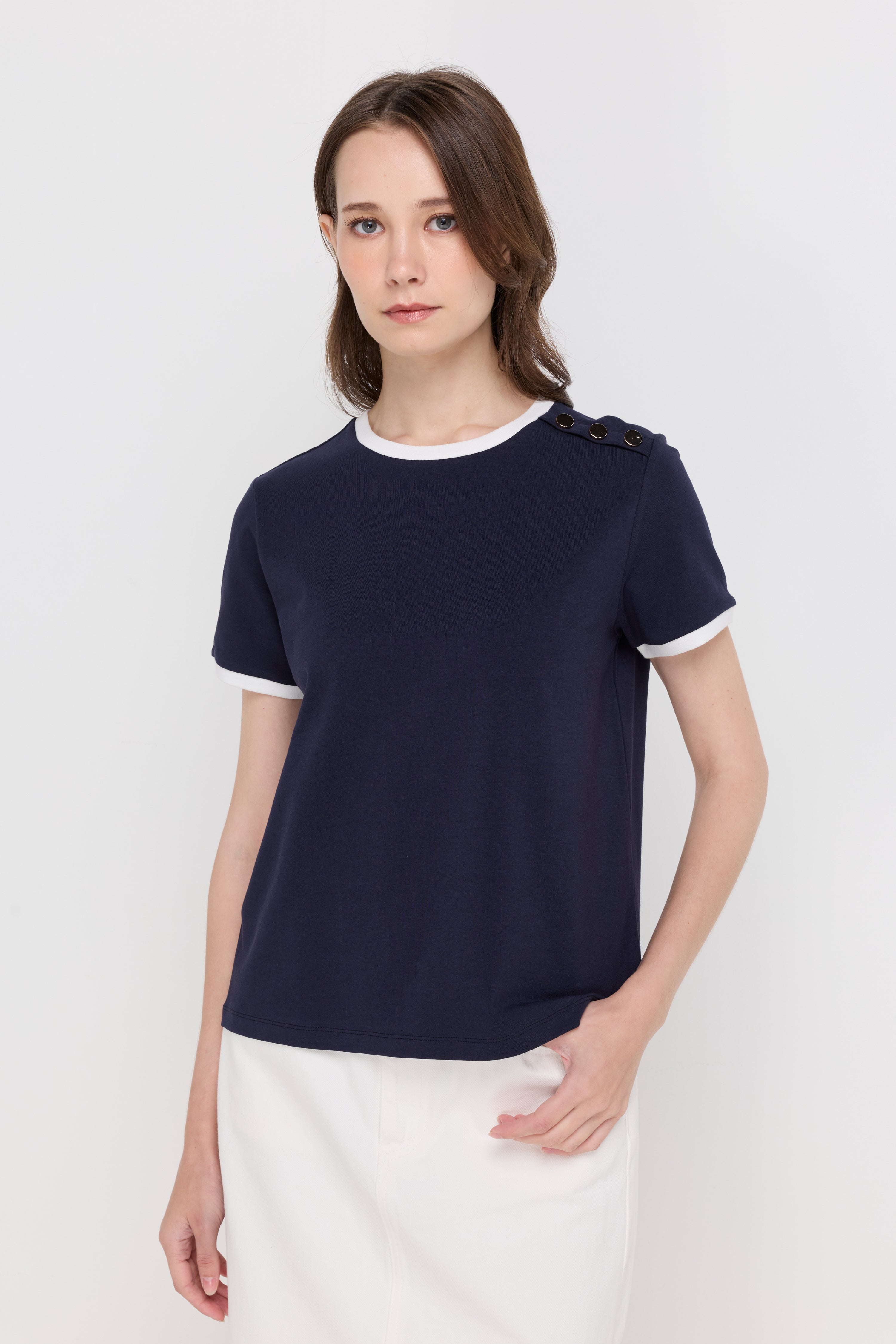 Contrast Trim Button-Shoulder T-Shirt Navy