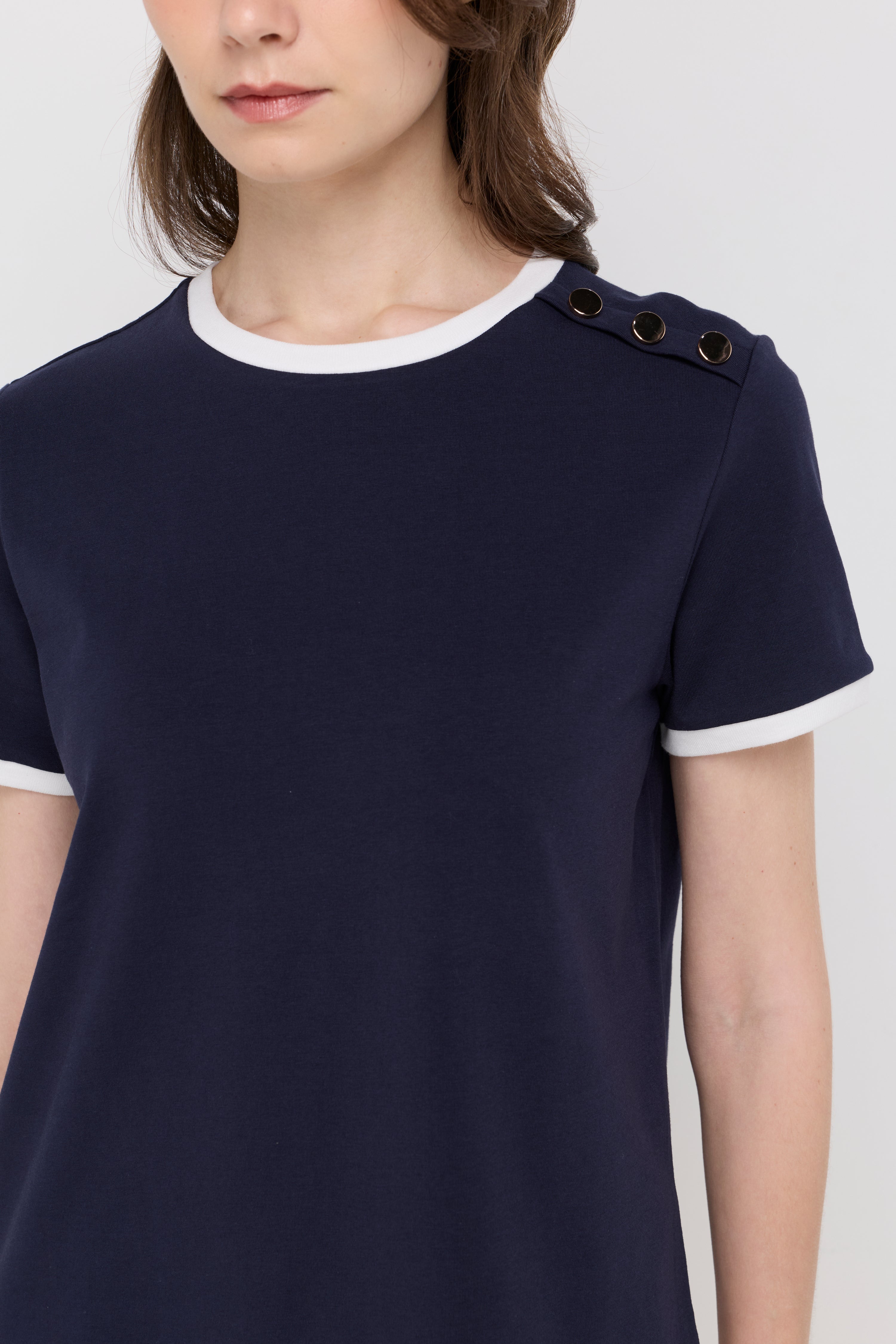 Contrast Trim Button-Shoulder T-Shirt Navy