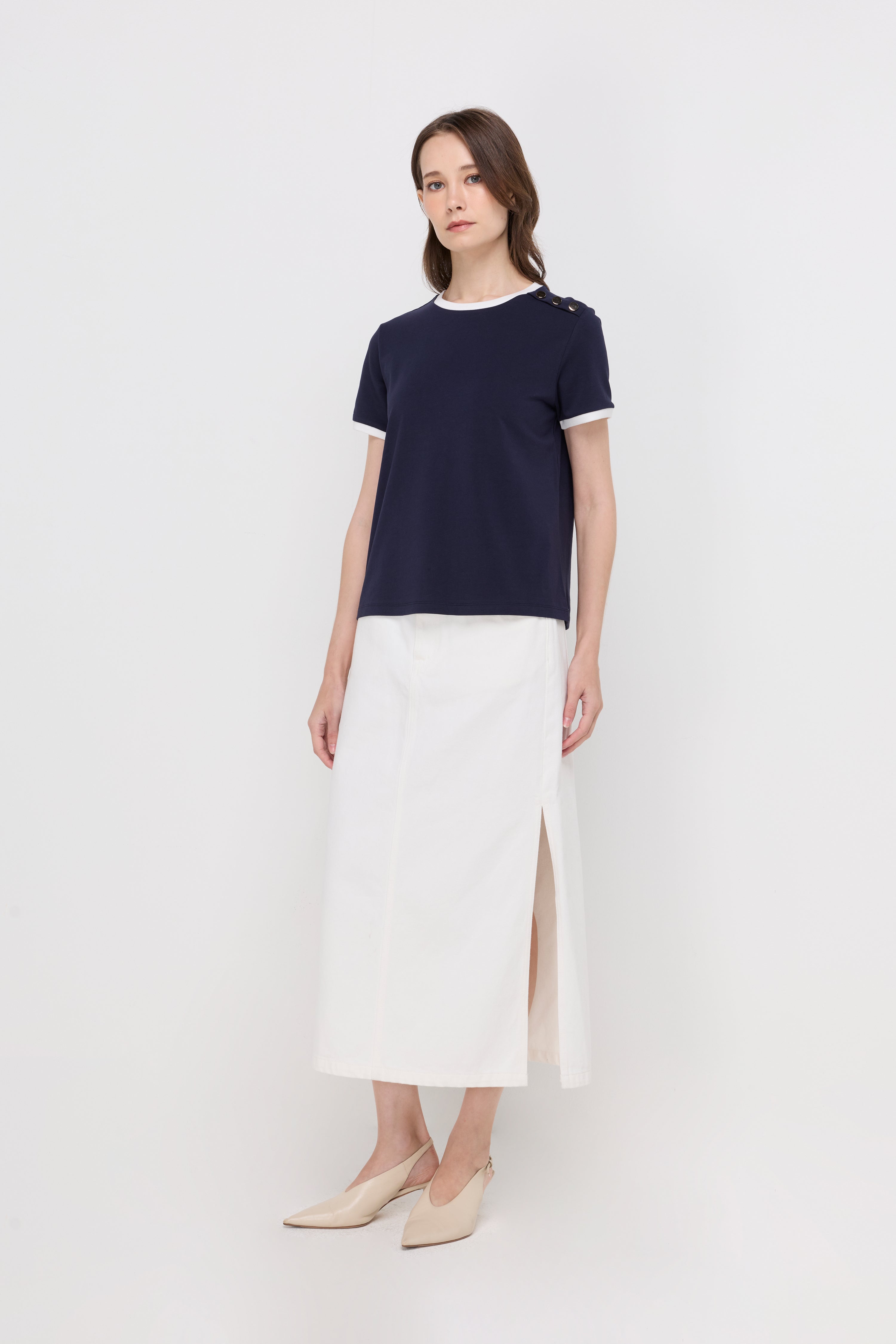 Contrast Trim Button-Shoulder T-Shirt Navy