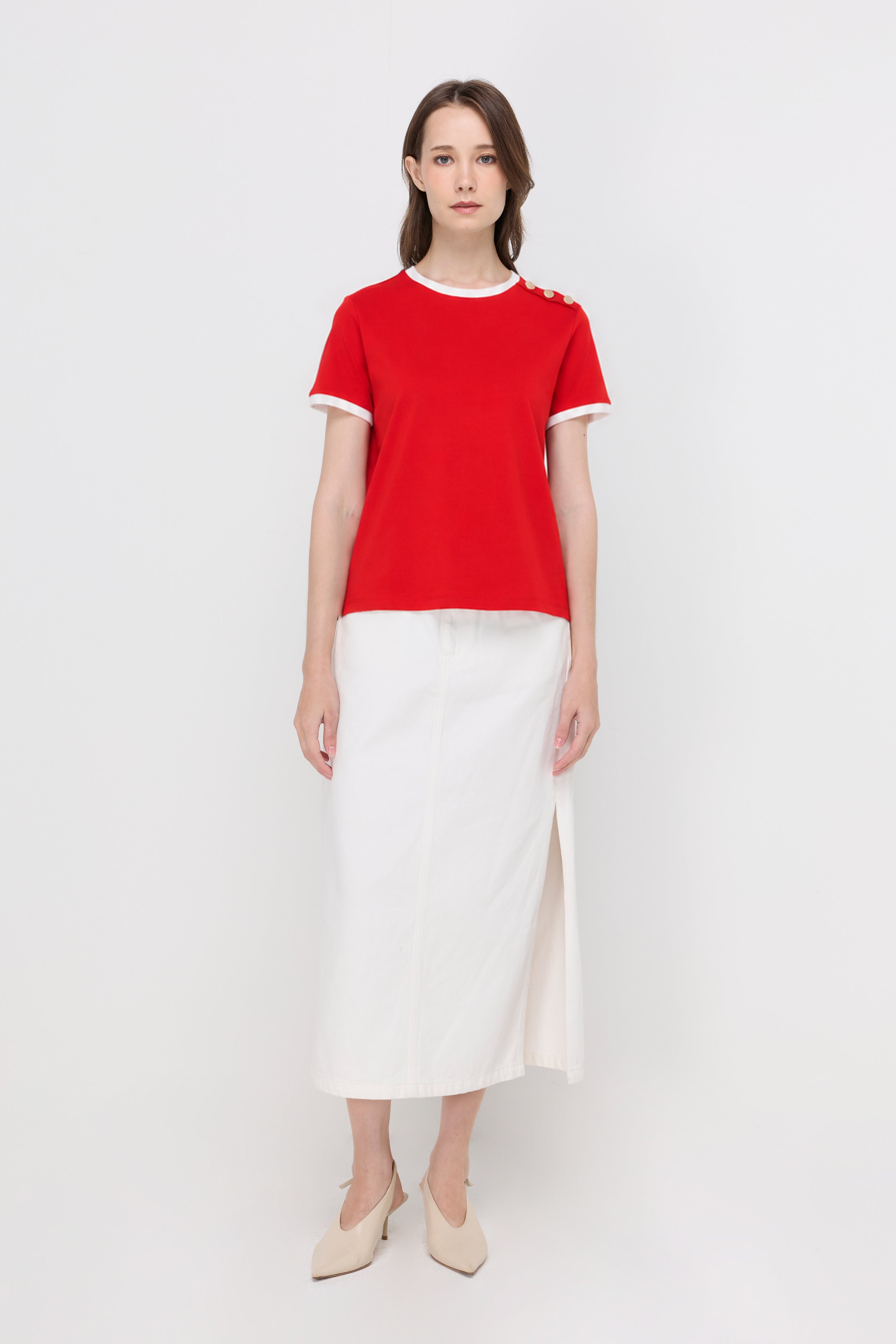 Contrast Trim Button-Shoulder T-Shirt Red
