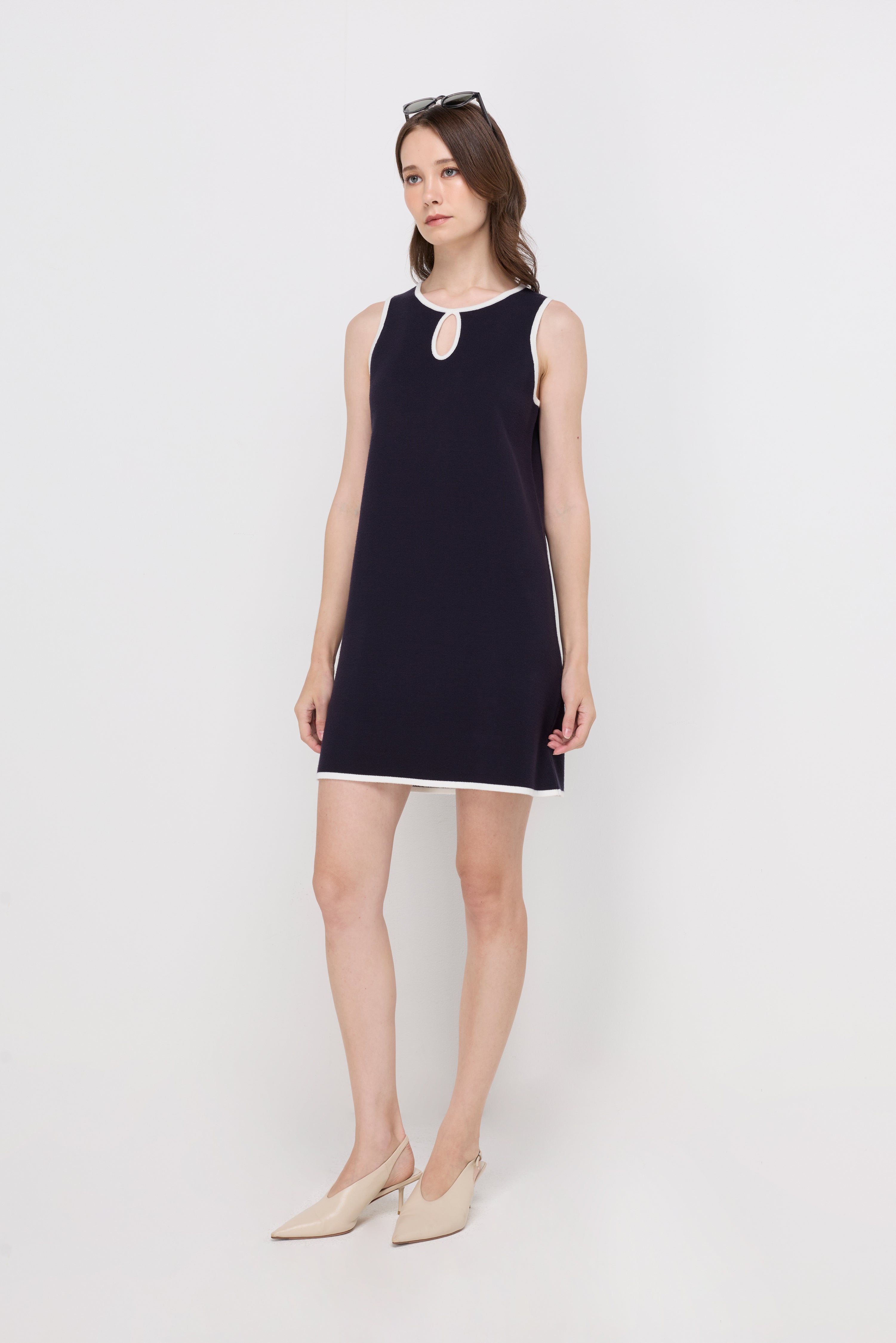 Contrast Trim Knit Shift Dress Navy