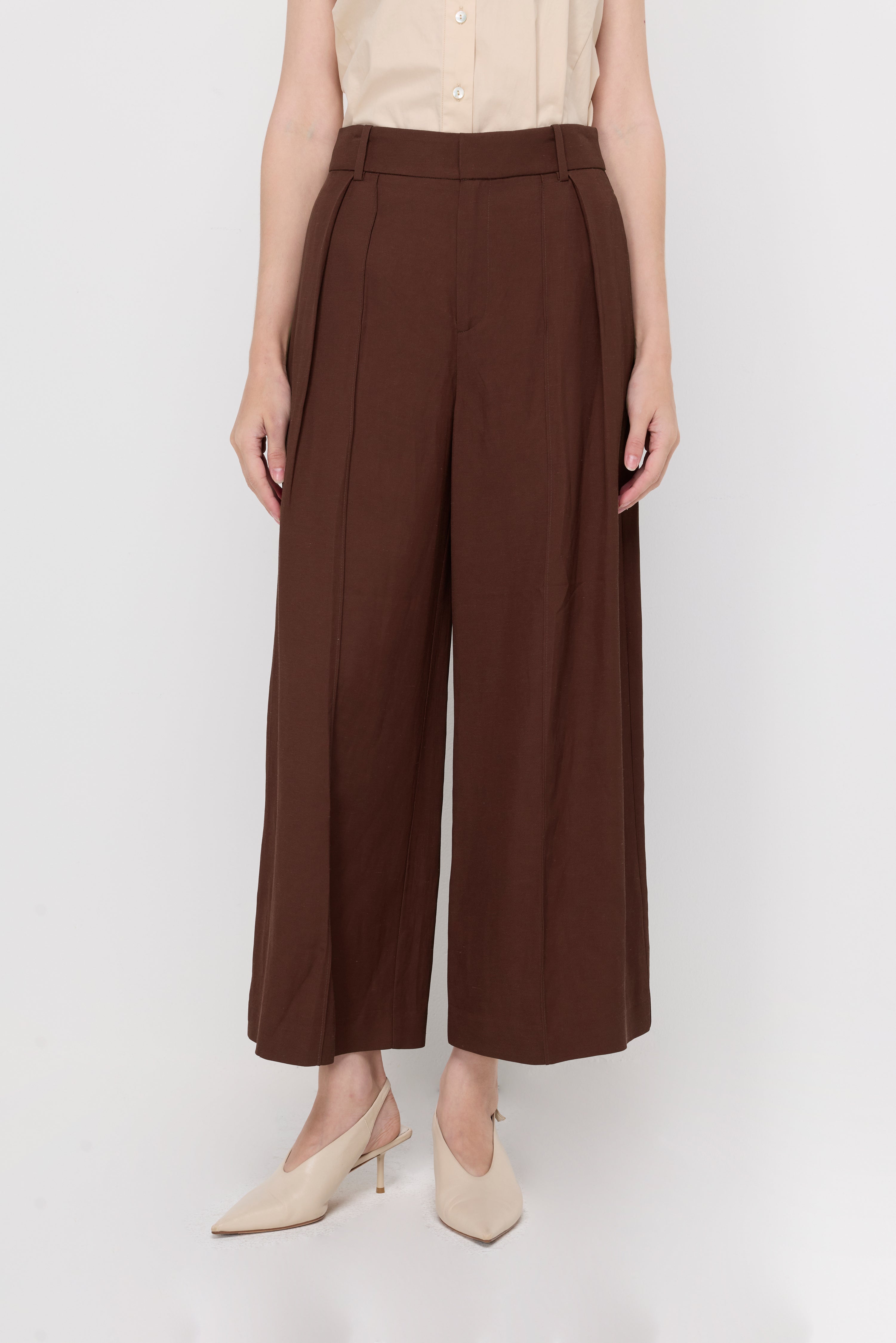 Pleated Wide-Leg Culotte Trousers Dark Brown