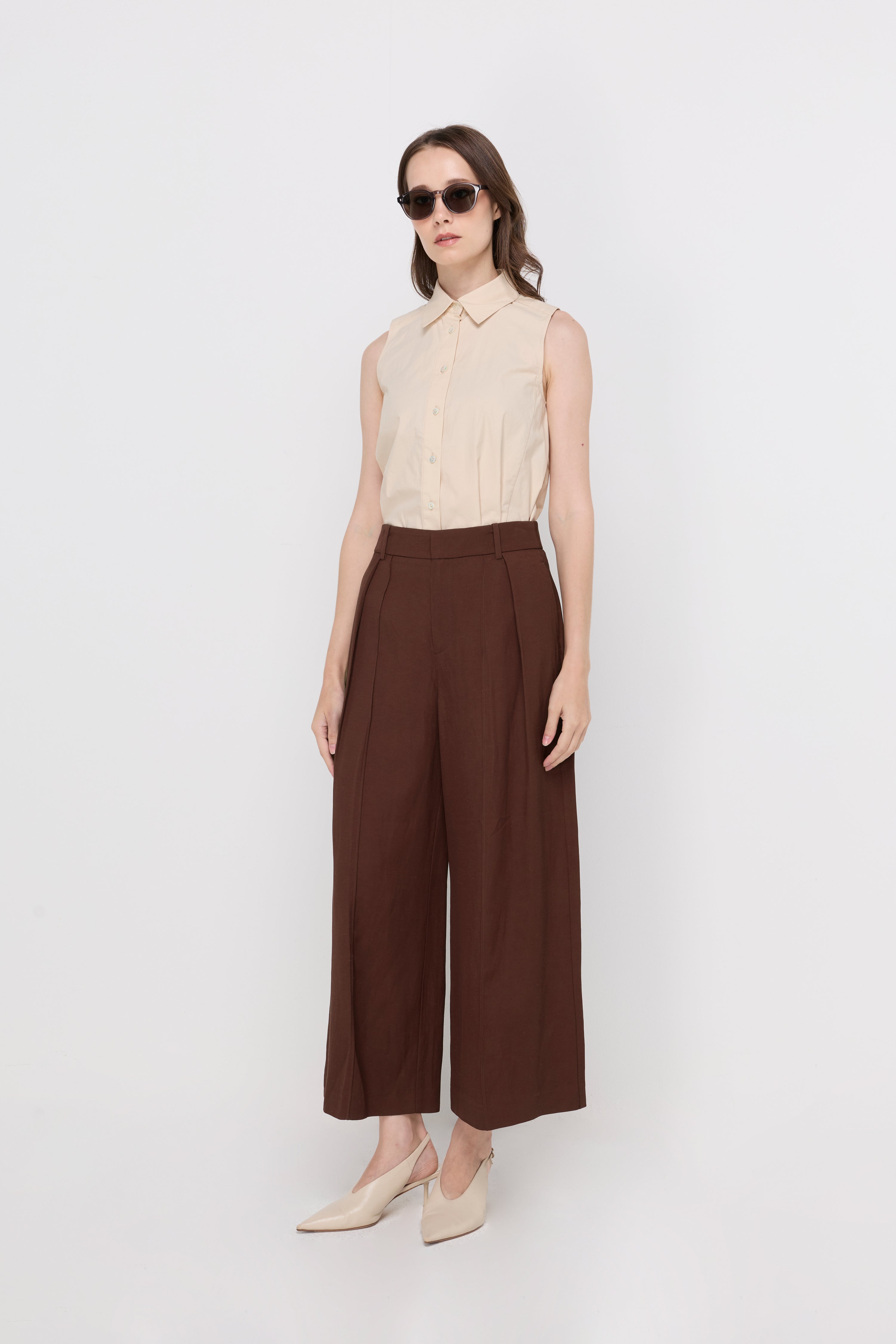 Pleated Wide-Leg Culotte Trousers Dark Brown