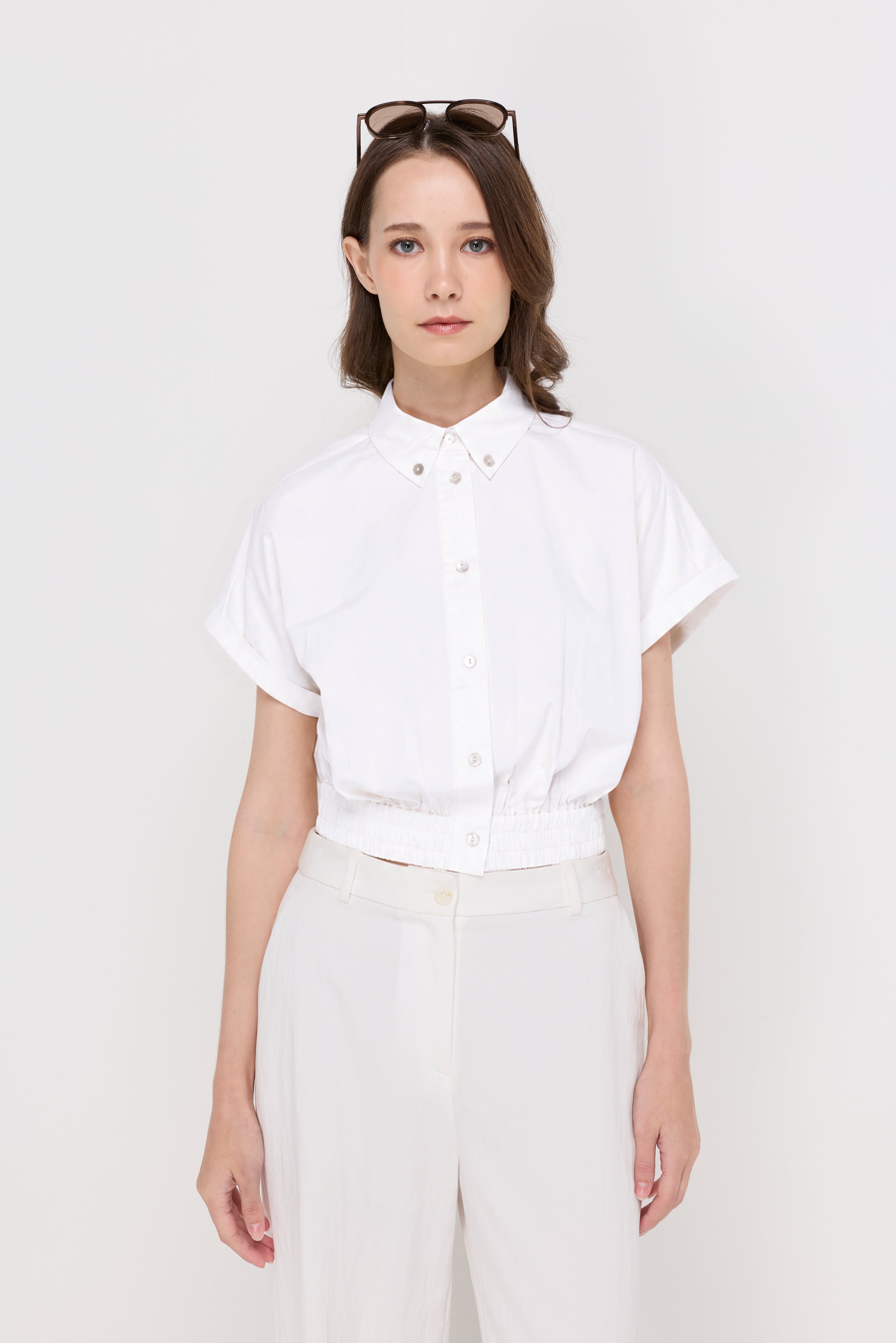Elastic Hem Cropped Polo Shirt White