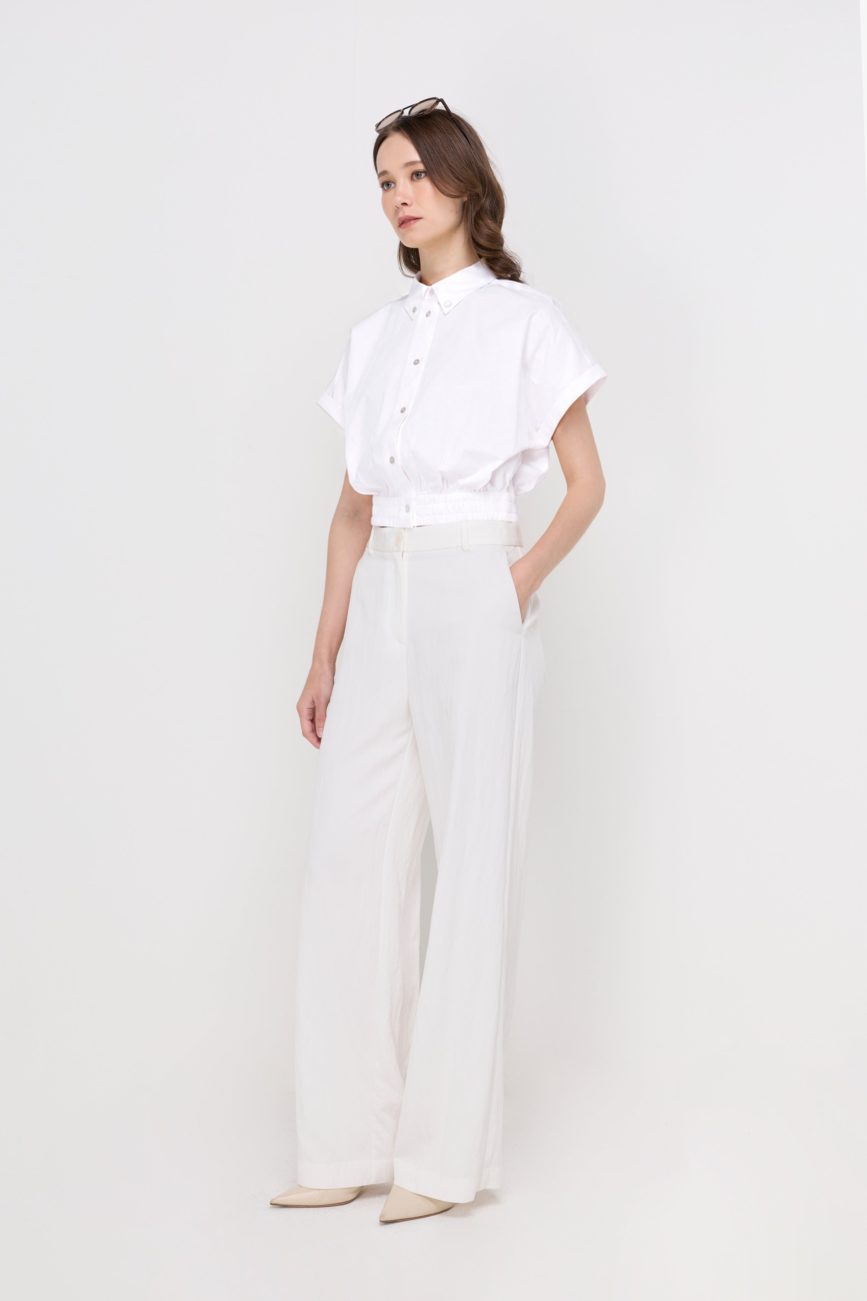 Elastic Hem Cropped Polo Shirt White
