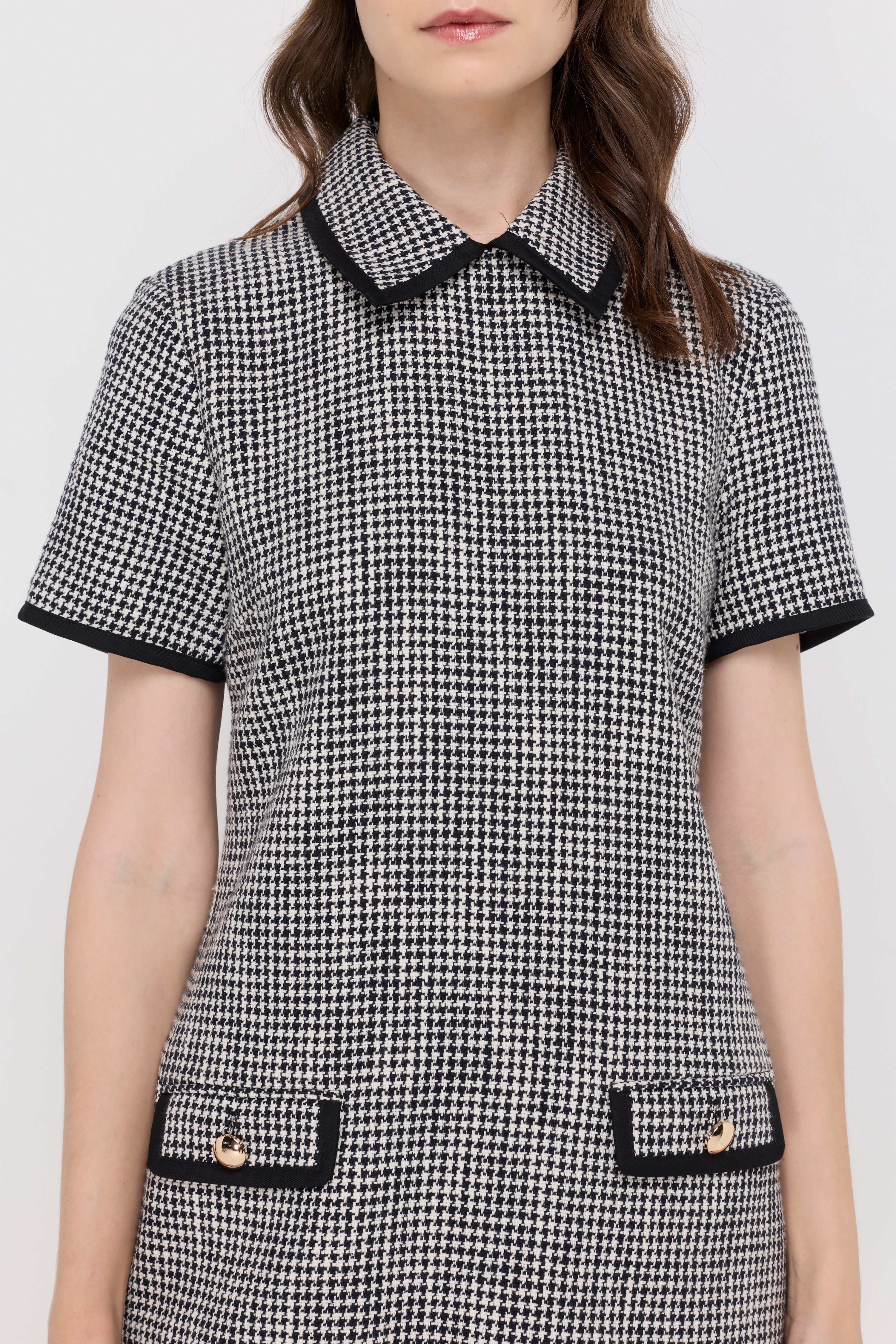 Houndstooth Contrast-Collar Knit Dress Check Black