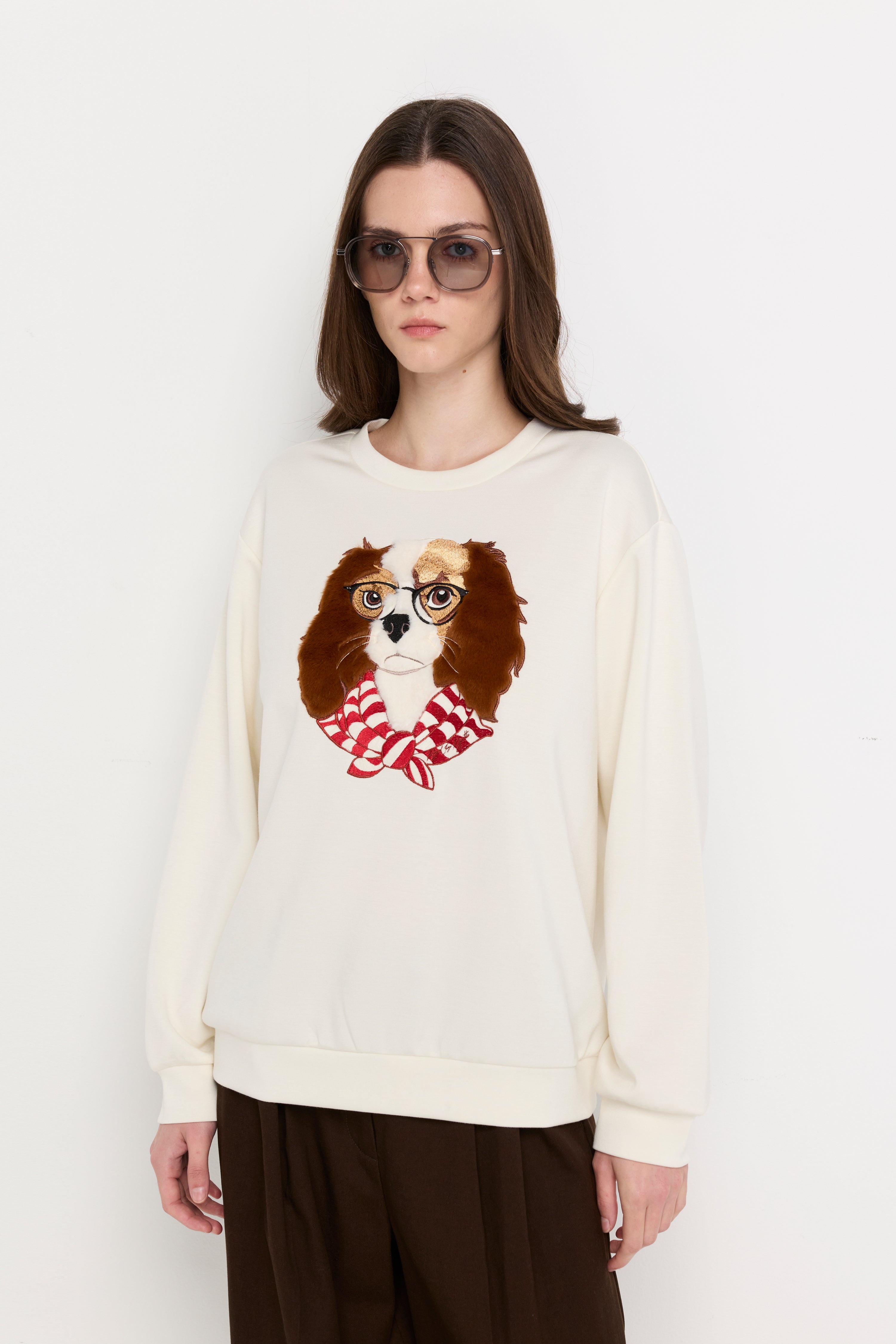 Whimsical Dog Graphic Sweatshirt Cream