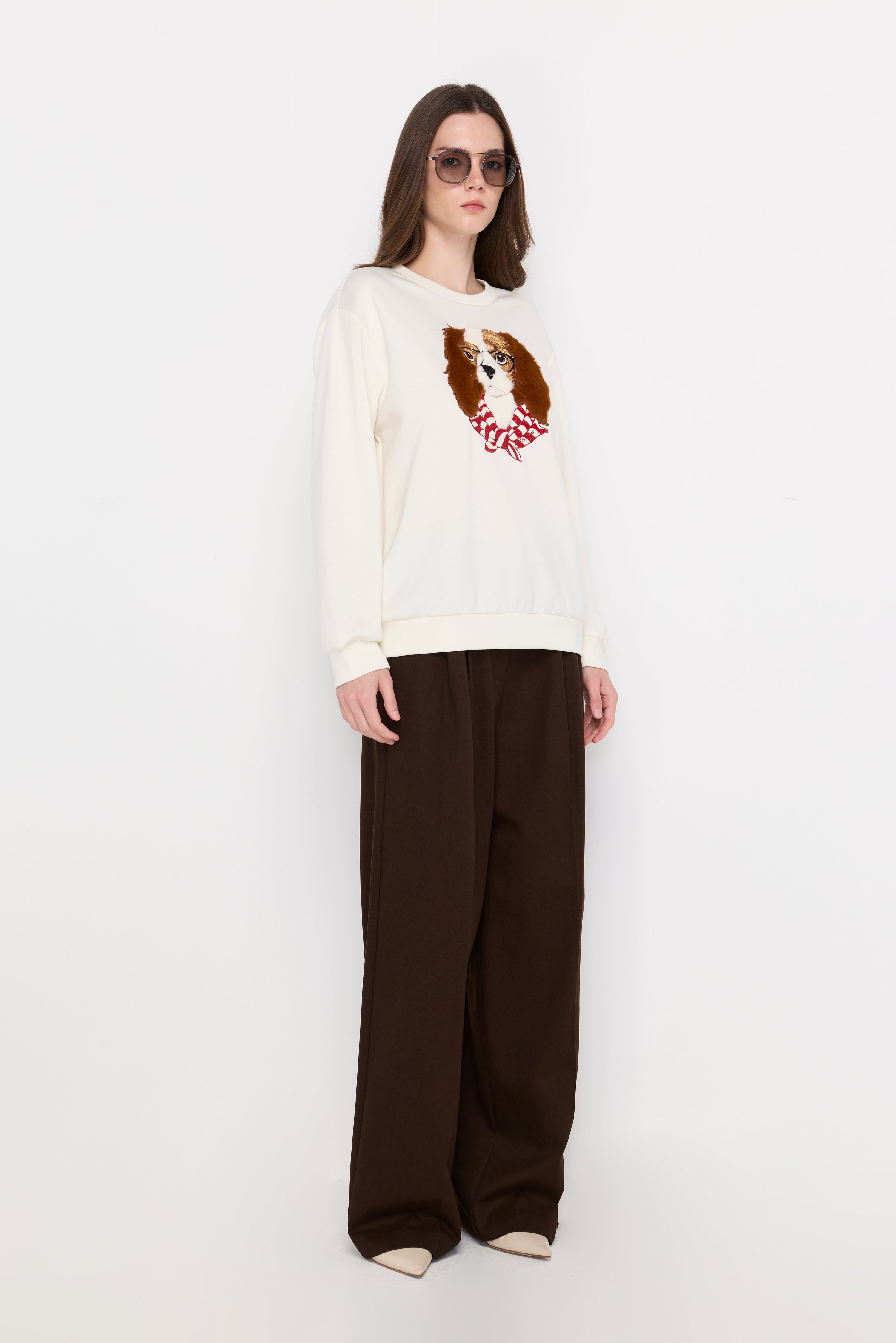 Whimsical Dog Graphic Sweatshirt Cream