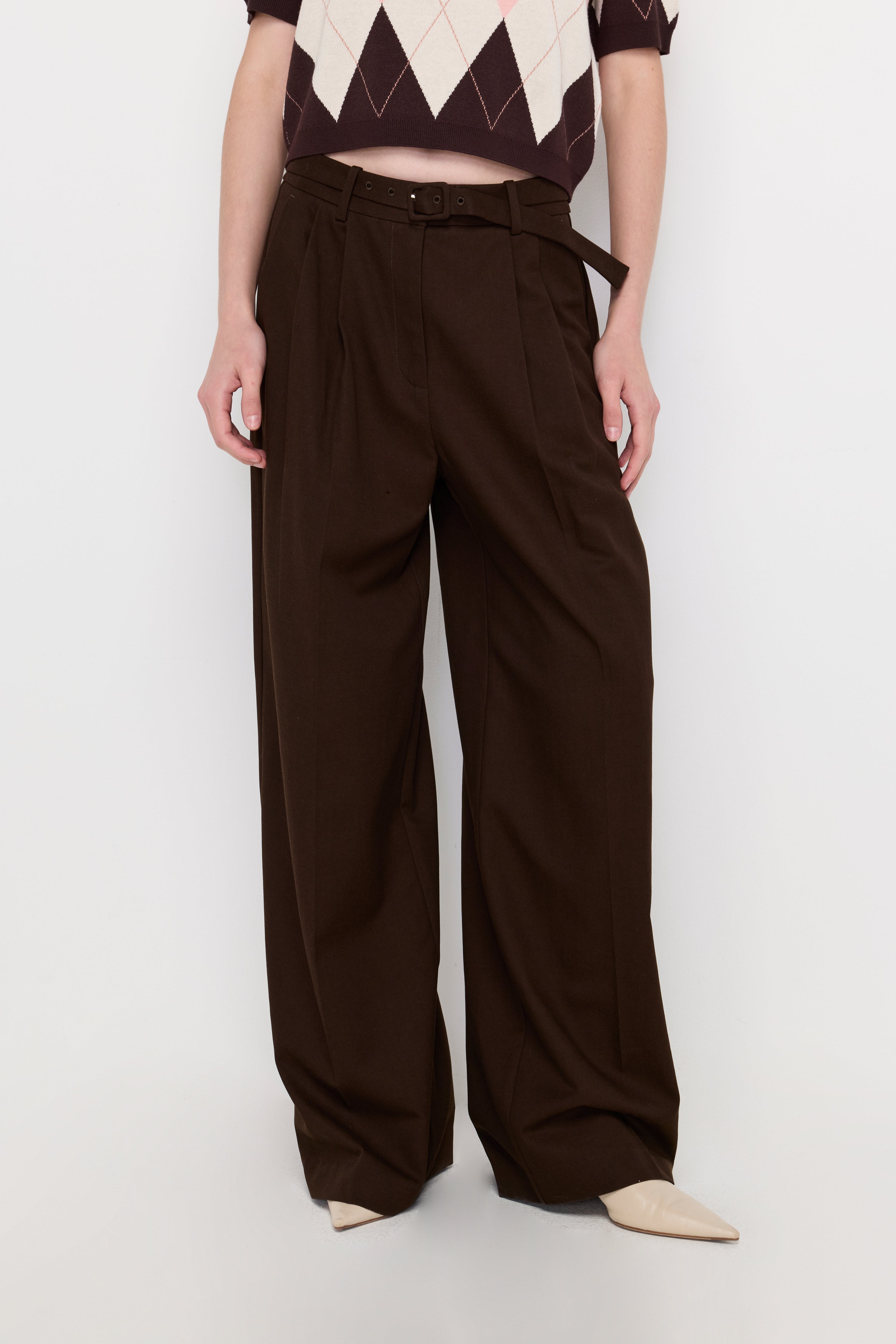 Double-Ring Belted Wide-Leg Trousers Dark Brown