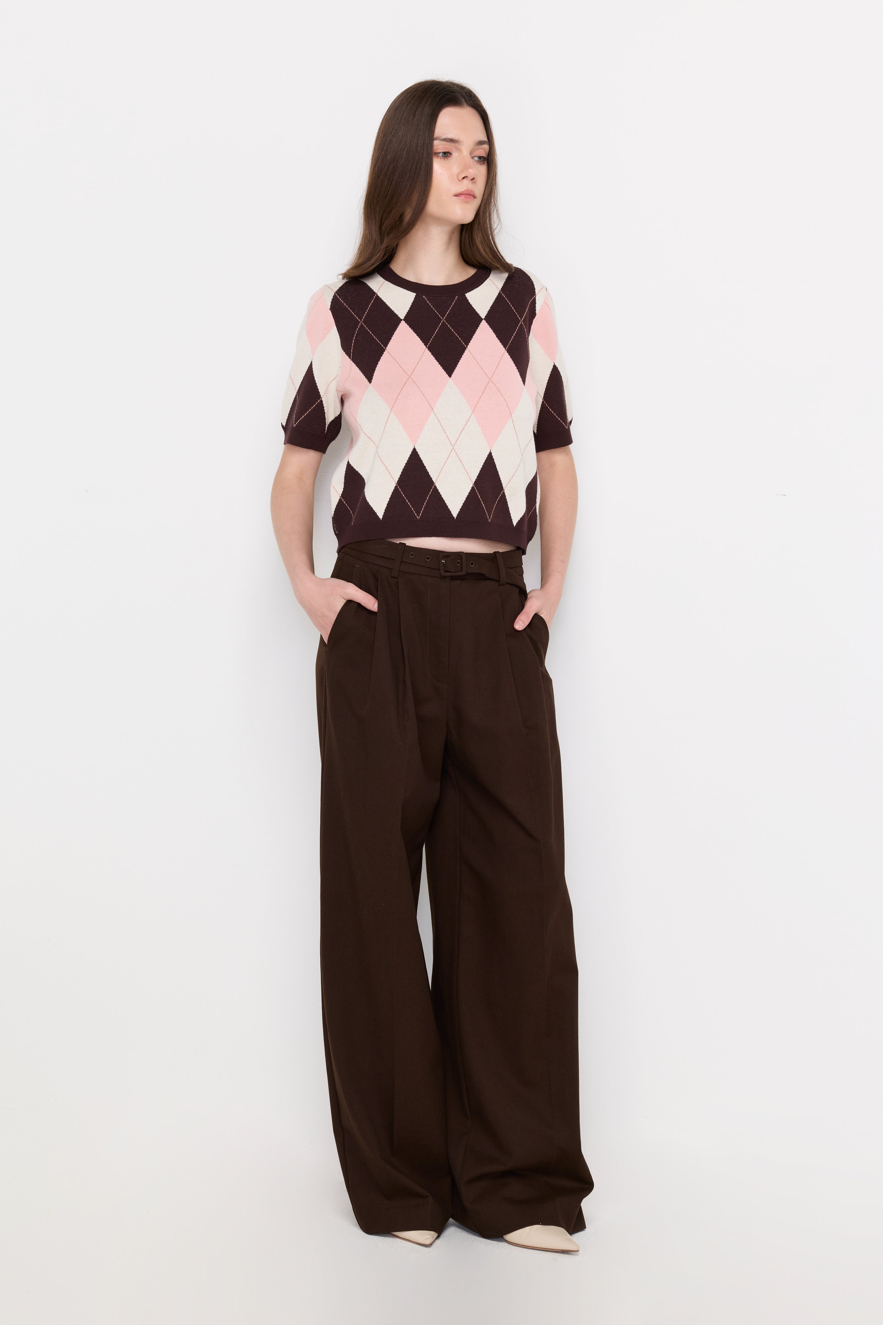 Double-Ring Belted Wide-Leg Trousers Dark Brown