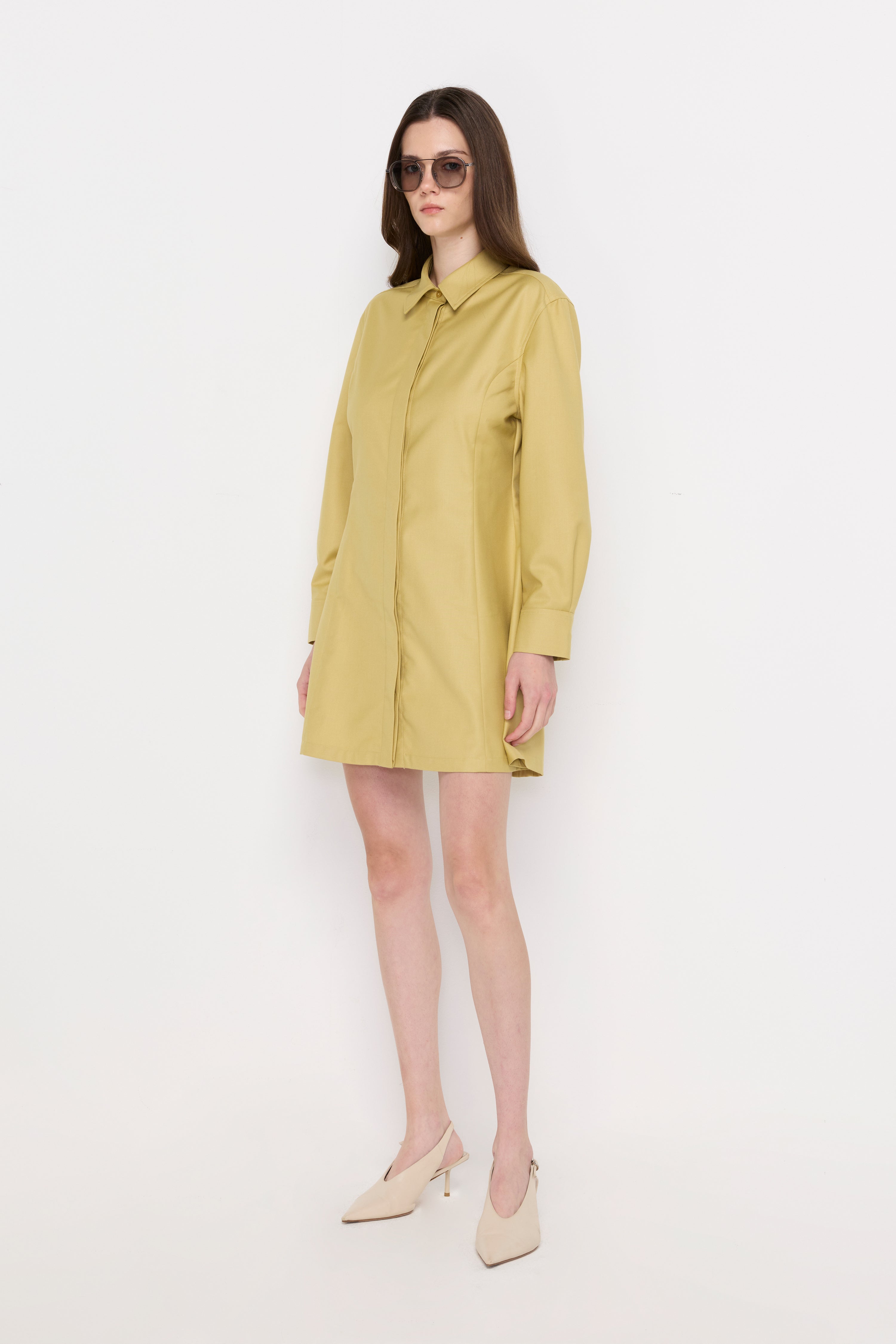 Textured A-Line Shirt Dress Beige