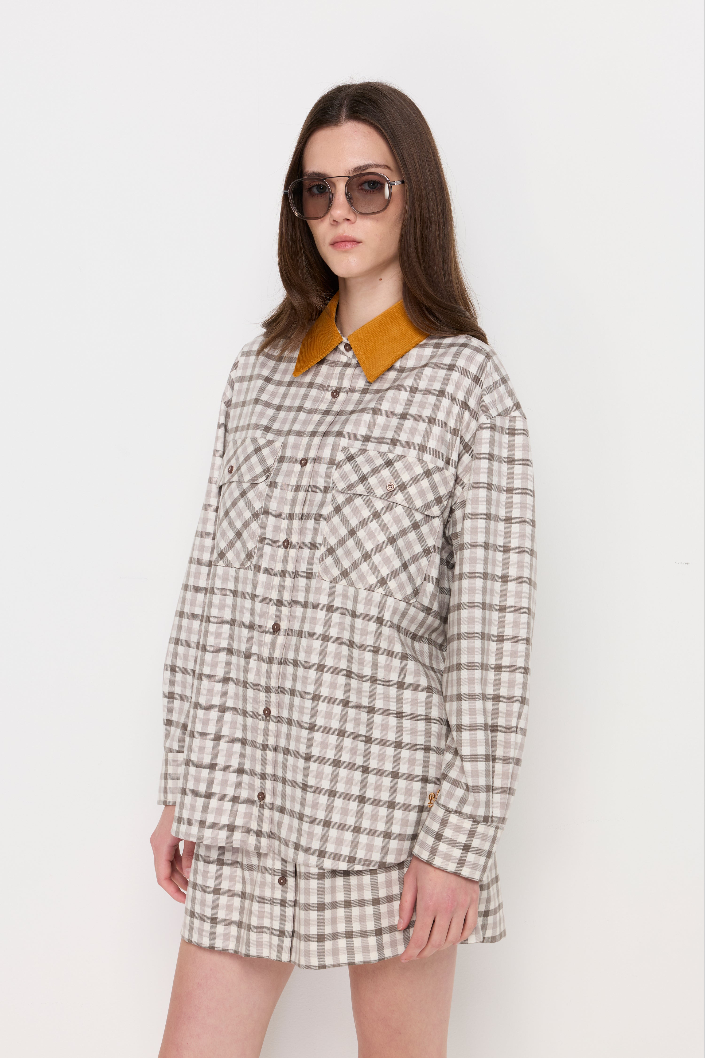 Contrast Collar Plaid Overshirt Check Grey