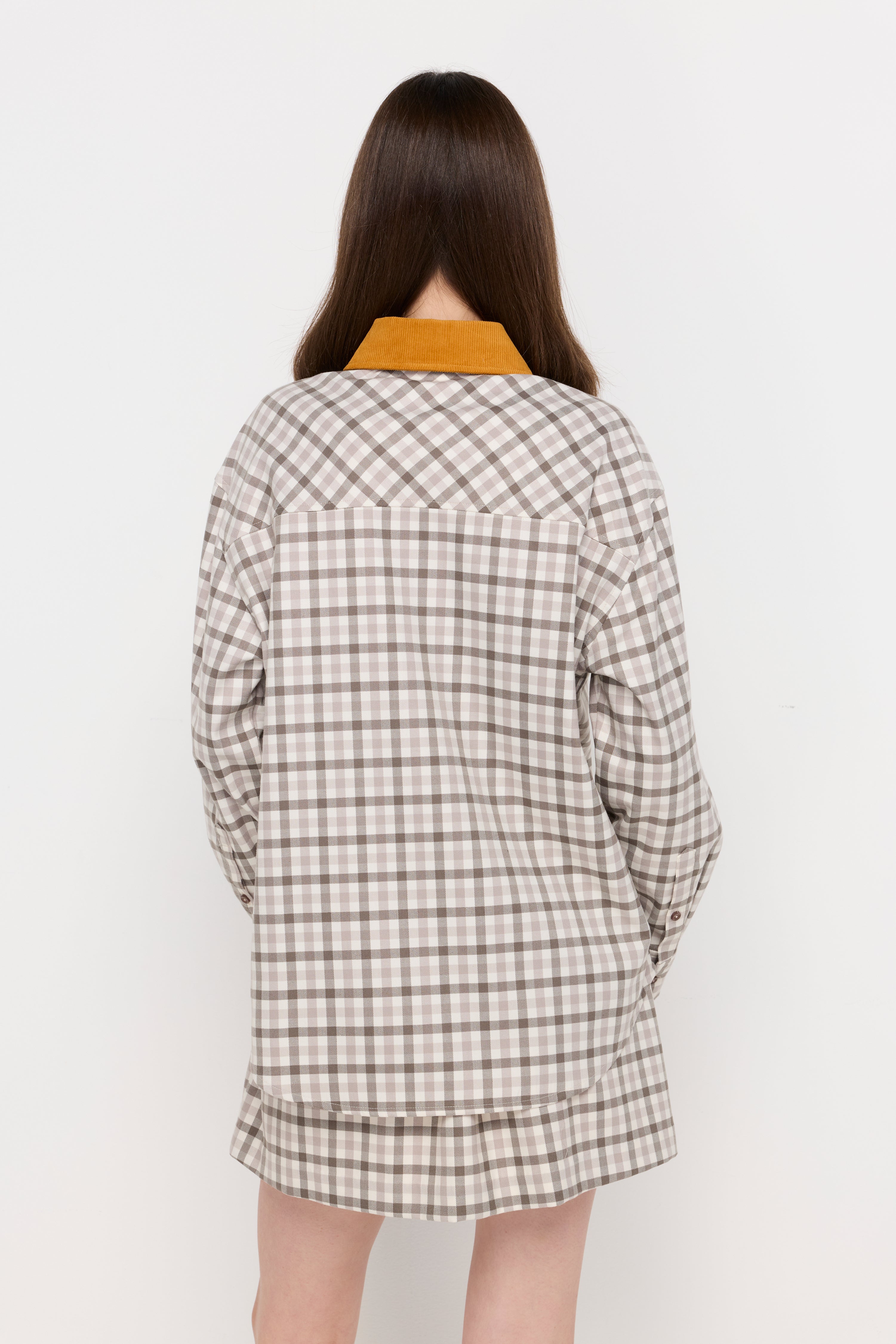 Contrast Collar Plaid Overshirt Check Grey