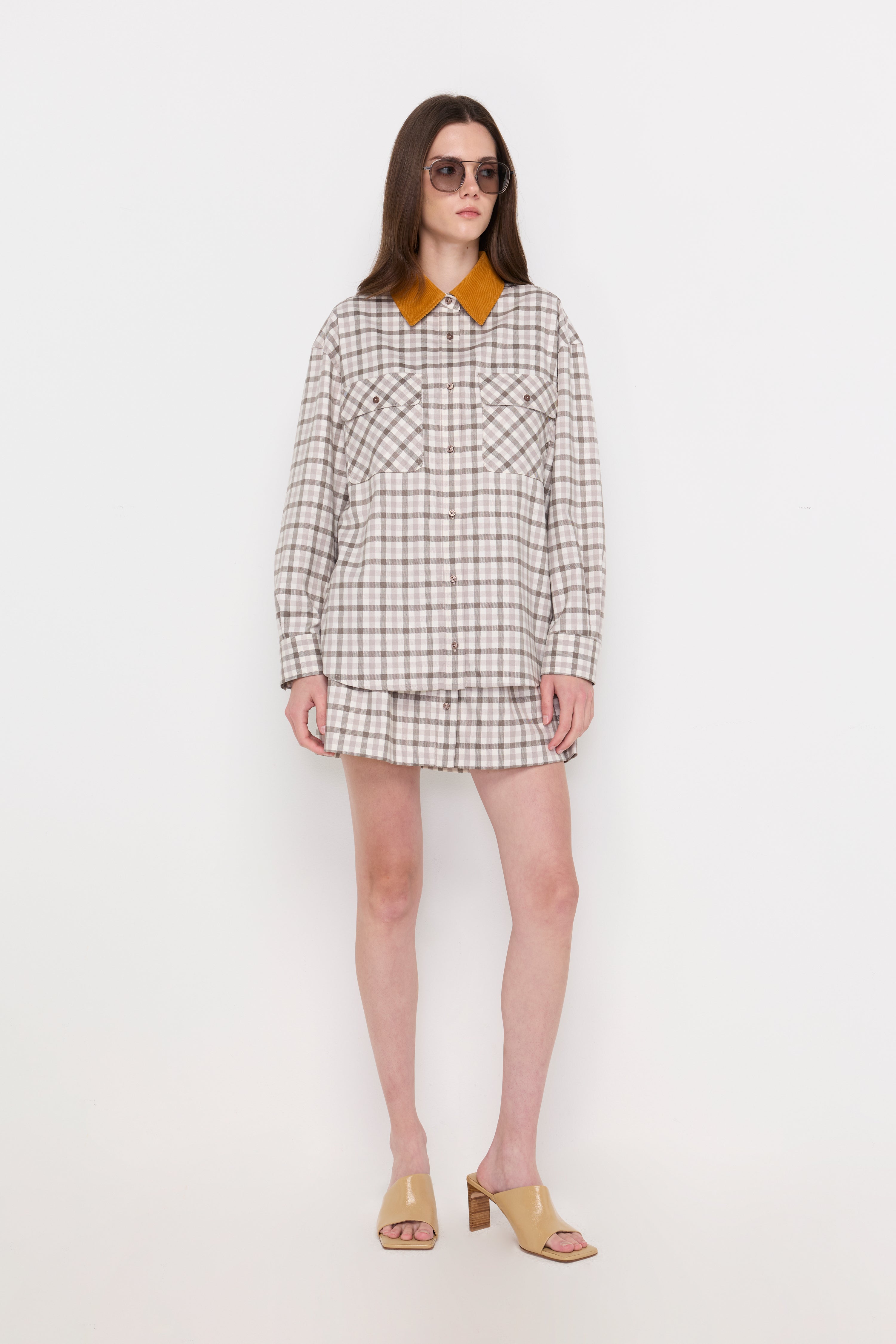 Contrast Collar Plaid Overshirt Check Grey