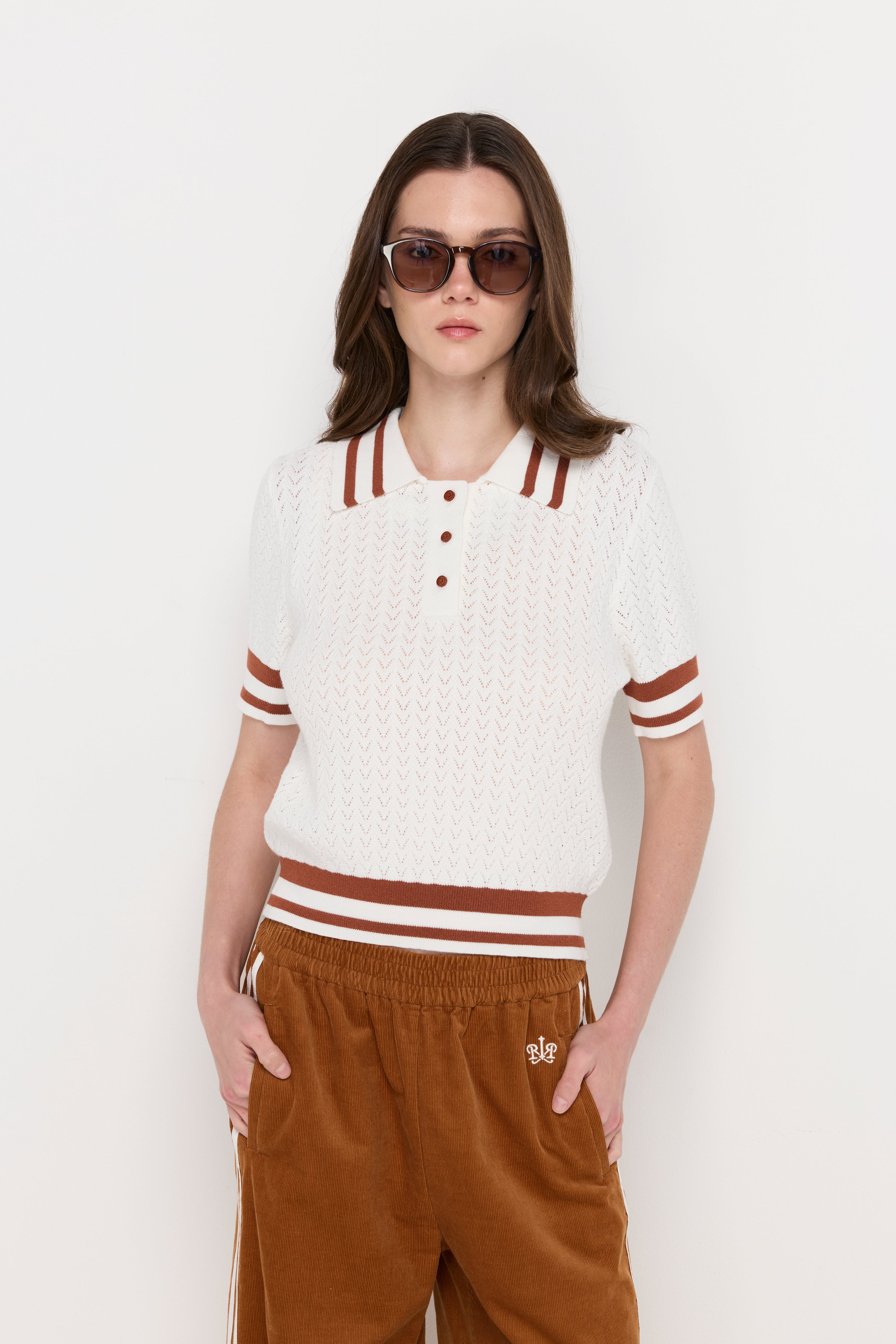 Contrast Stripe Openwork Knit Polo Cream