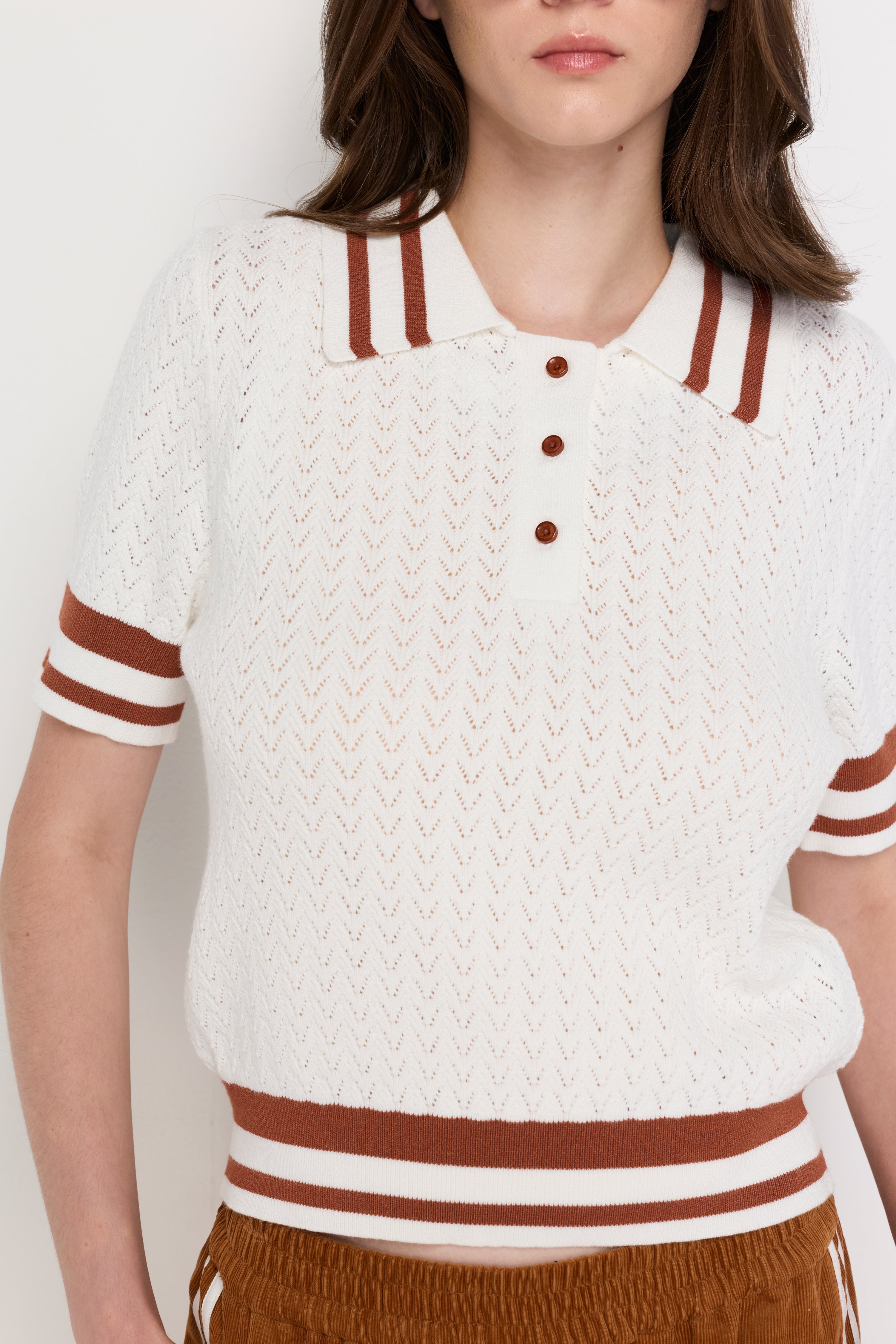 Contrast Stripe Openwork Knit Polo Cream