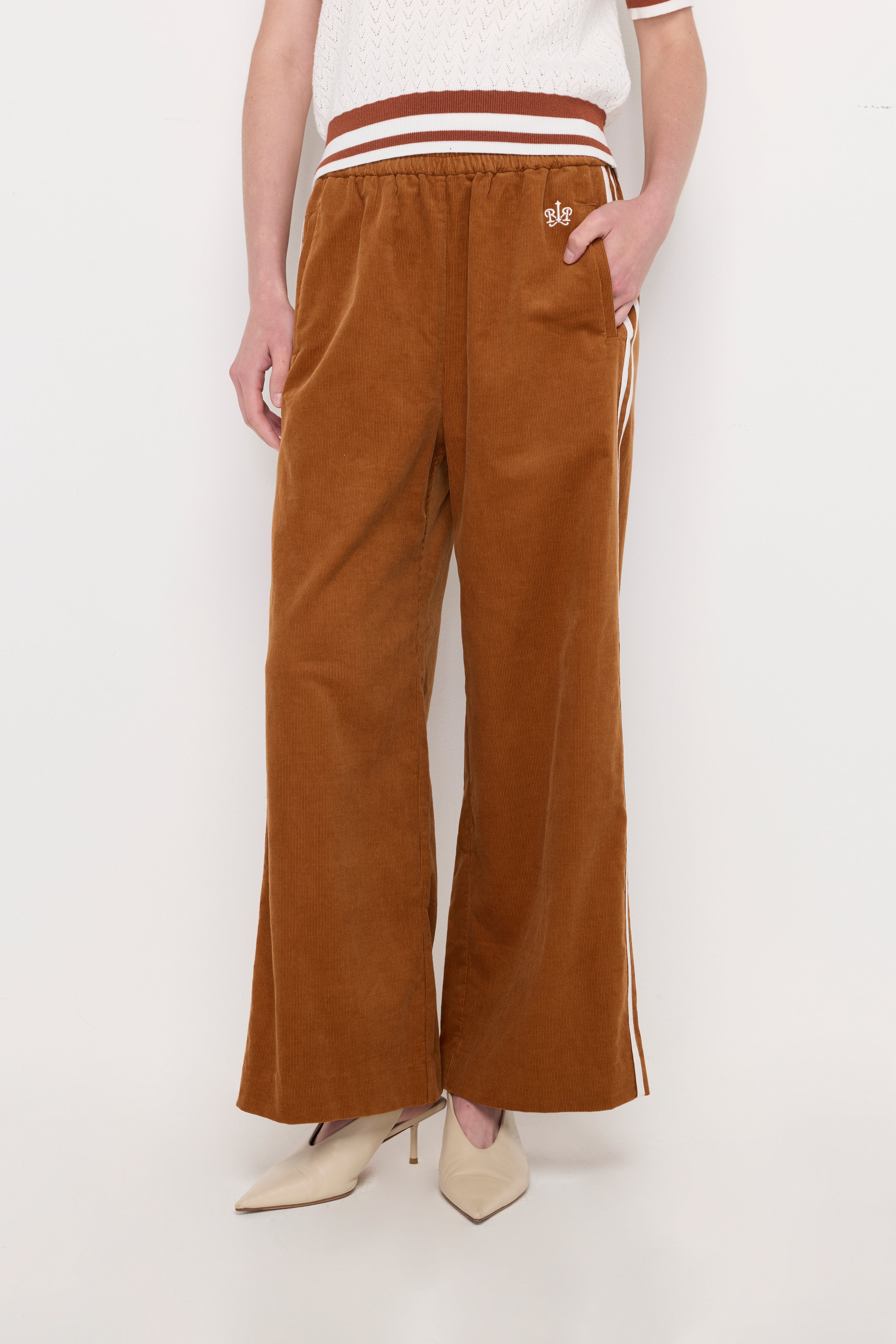Stripe Waist Wide-Leg Knit Trousers Brown