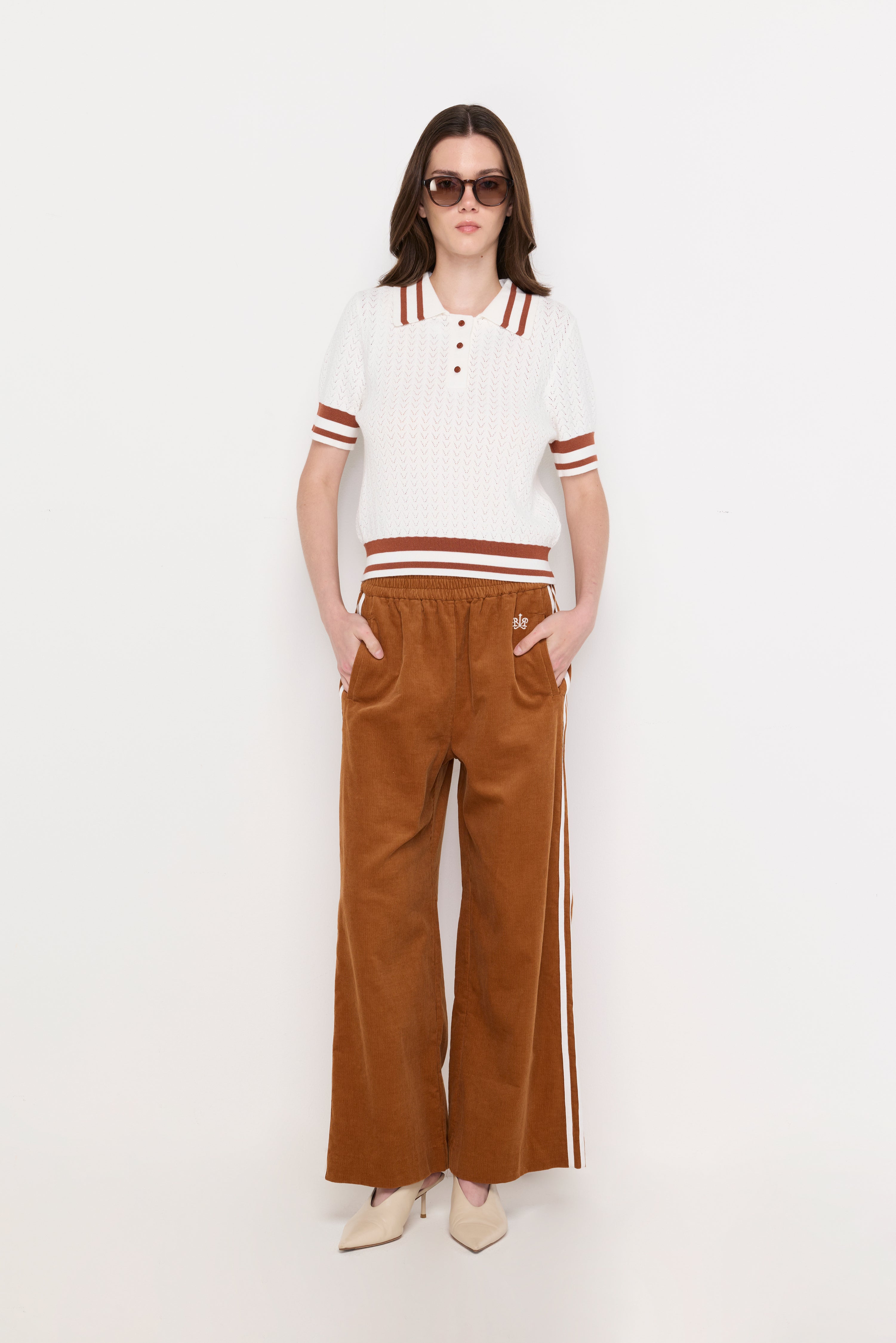 Stripe Waist Wide-Leg Knit Trousers Brown