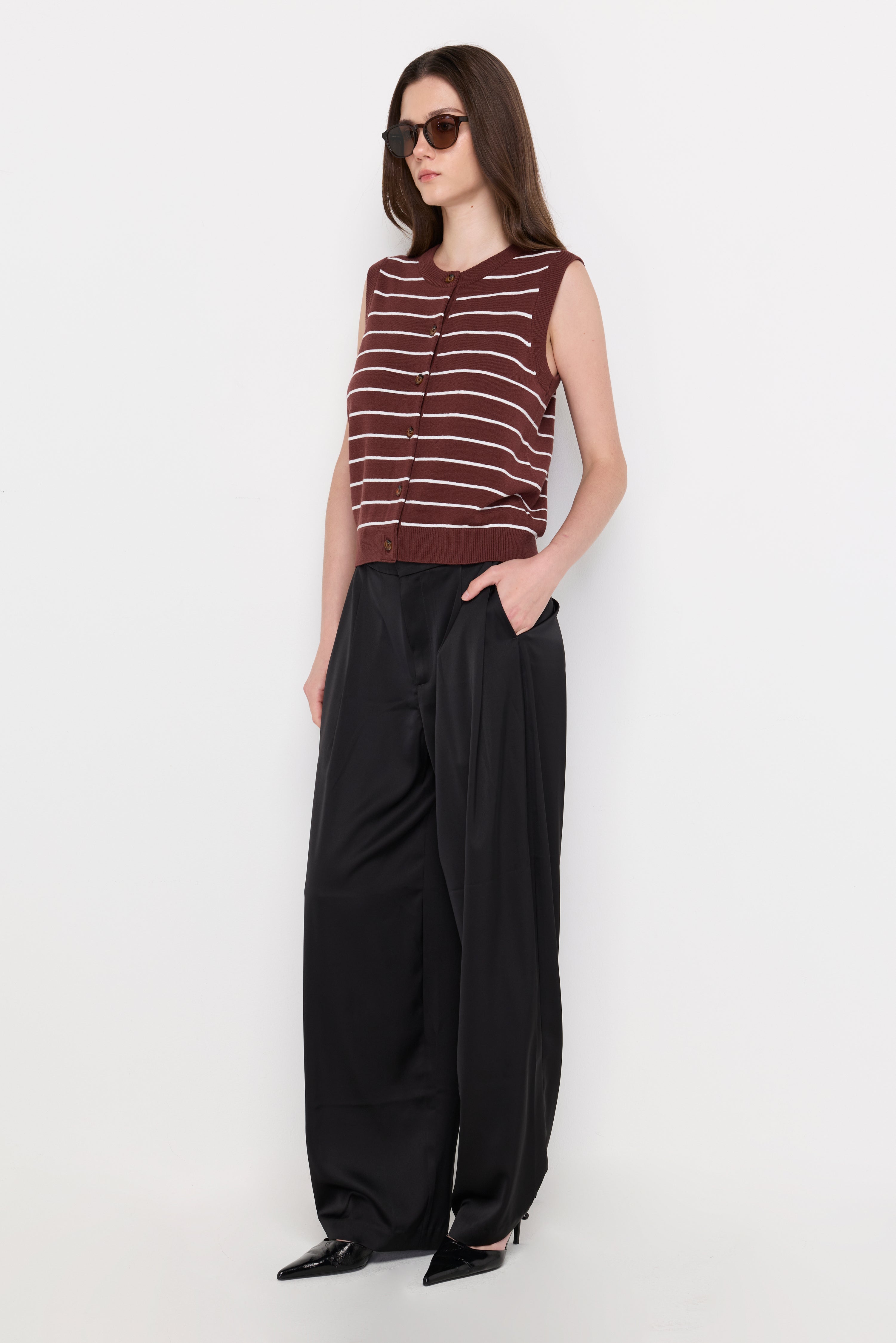Striped Button-Front Knit Vest Striped Brown