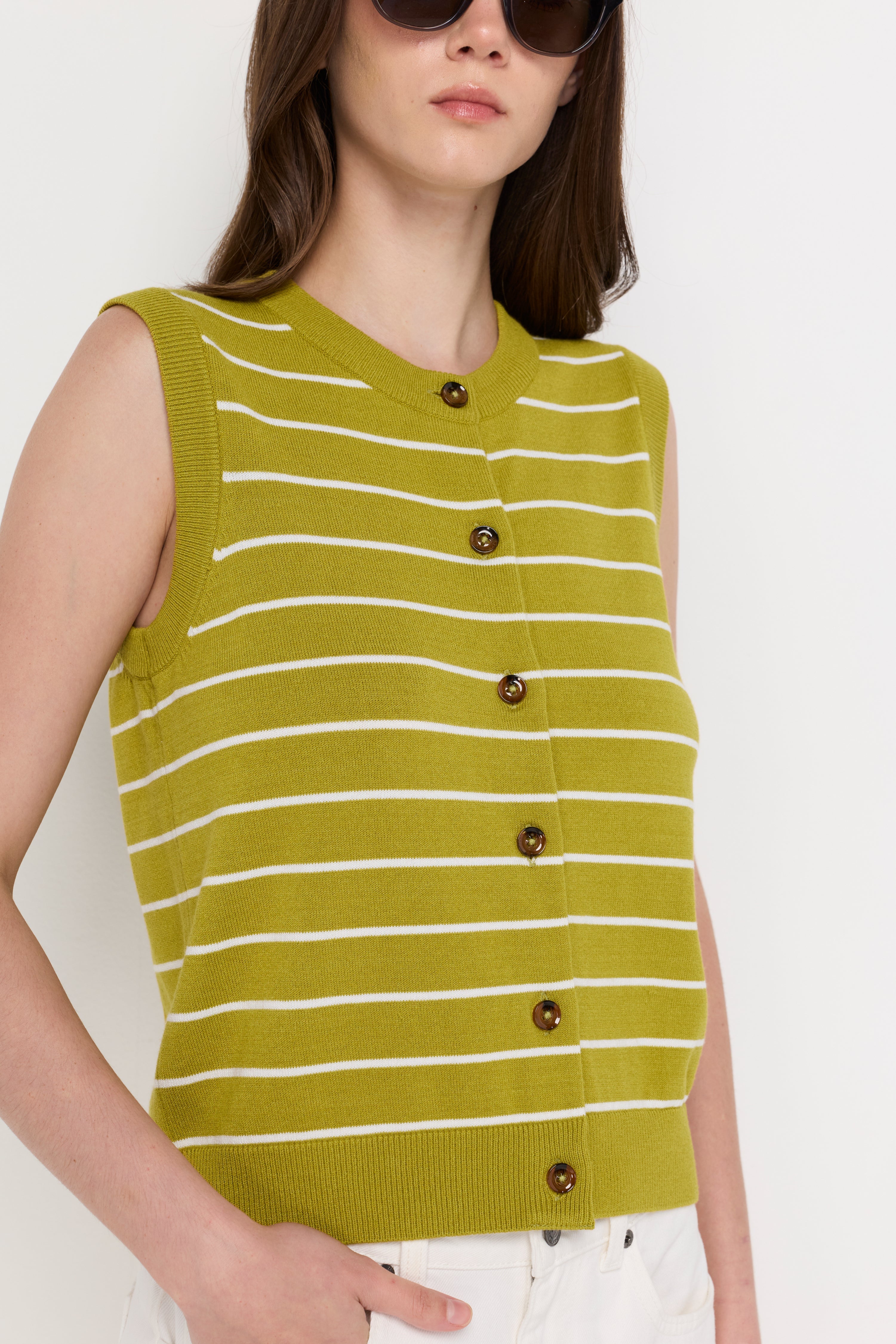 Striped Button-Front Knit Vest Striped Green