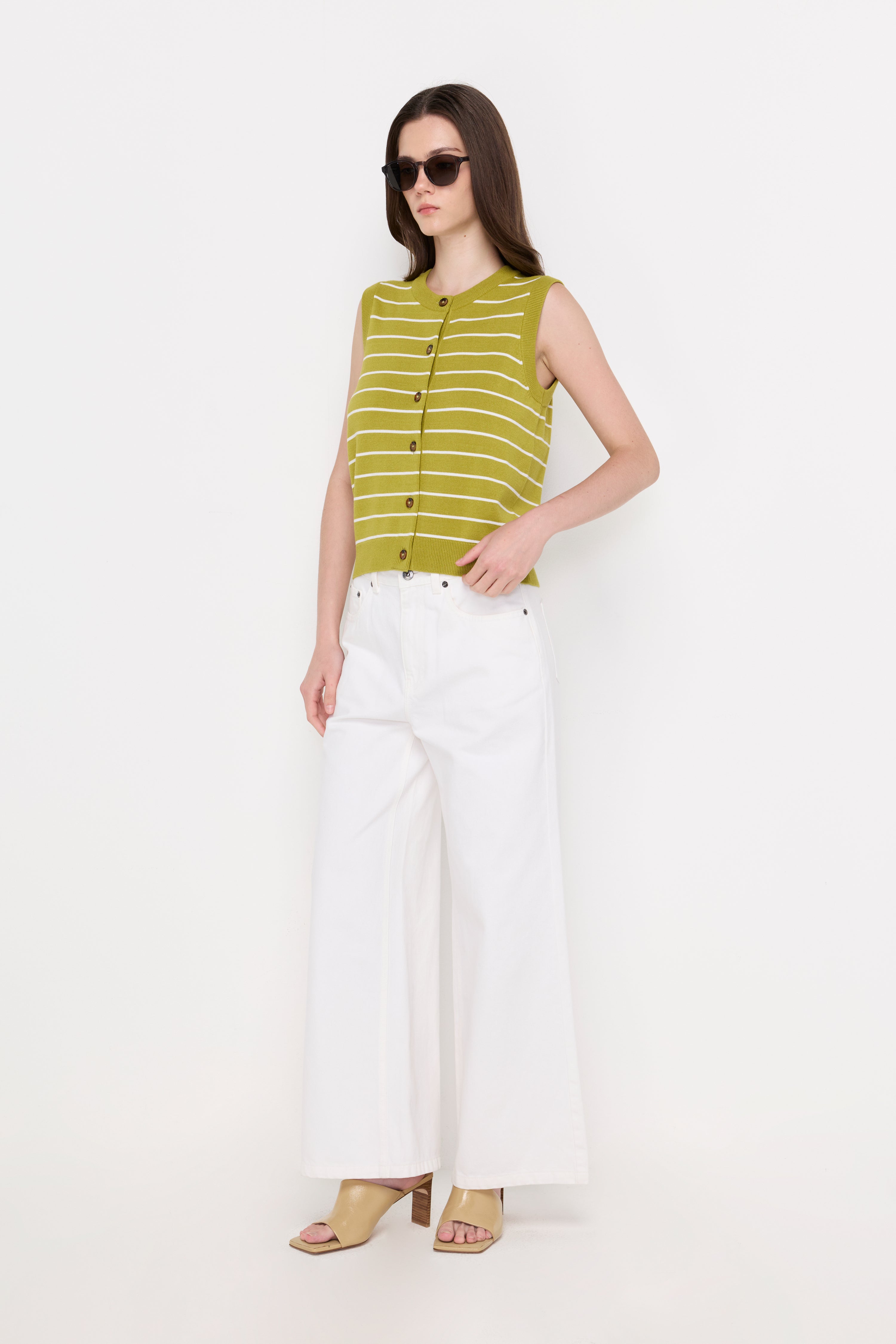 Striped Button-Front Knit Vest Striped Green