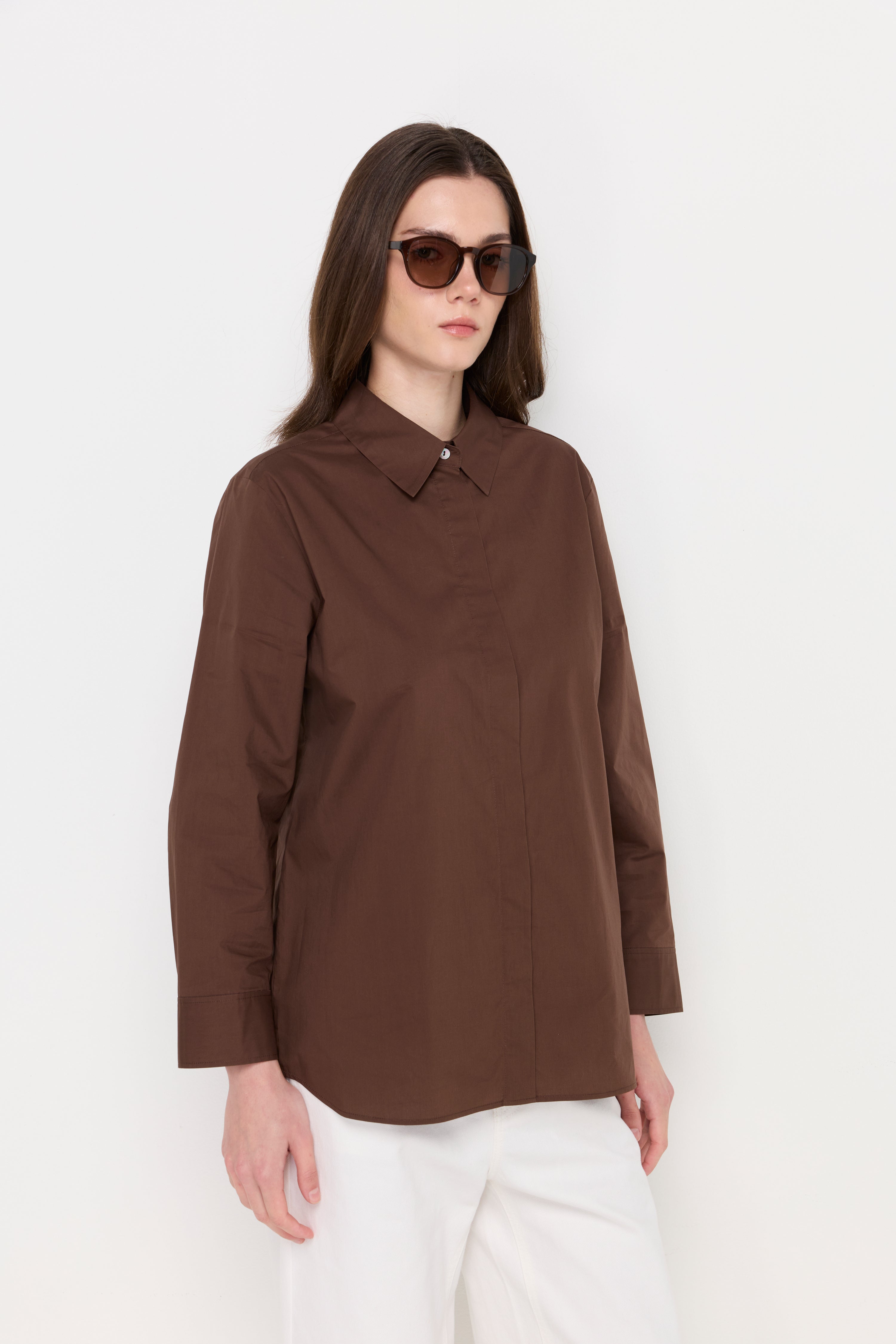 Minimalist Pointed-Collar Blouse Dark Brown