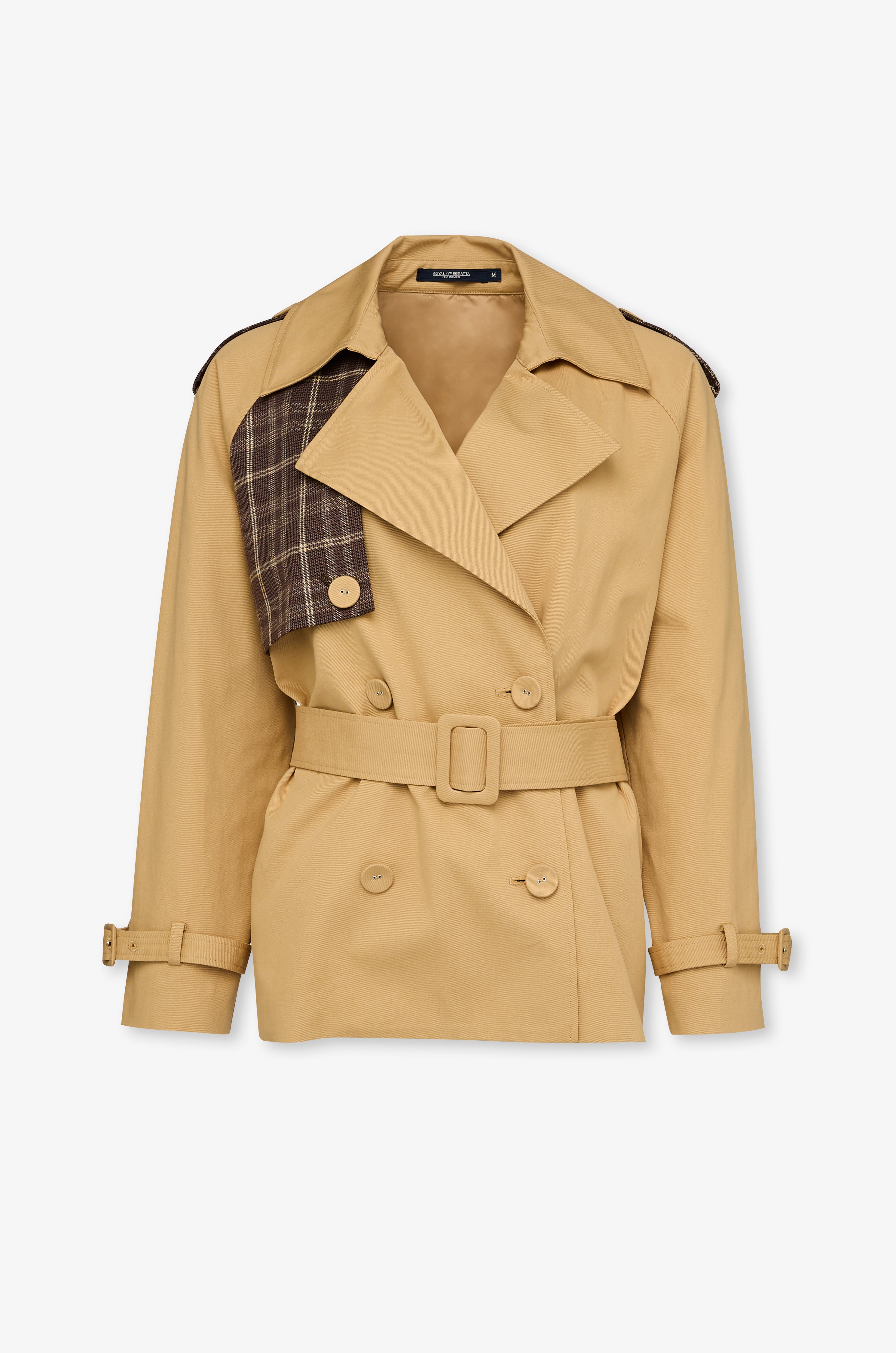 Contrast Plaid Belted Trench Jacket Brown