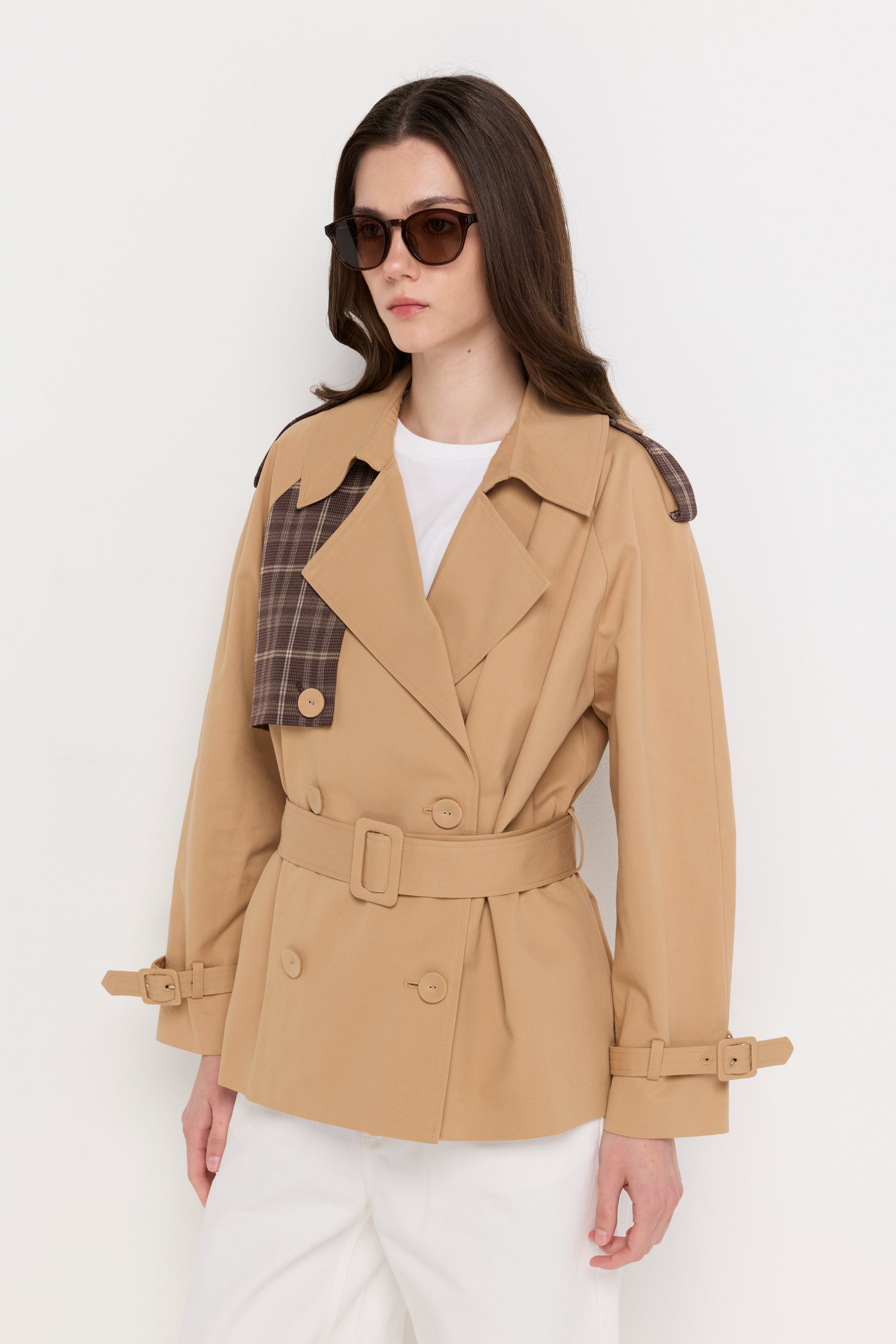 Contrast Plaid Belted Trench Jacket Brown