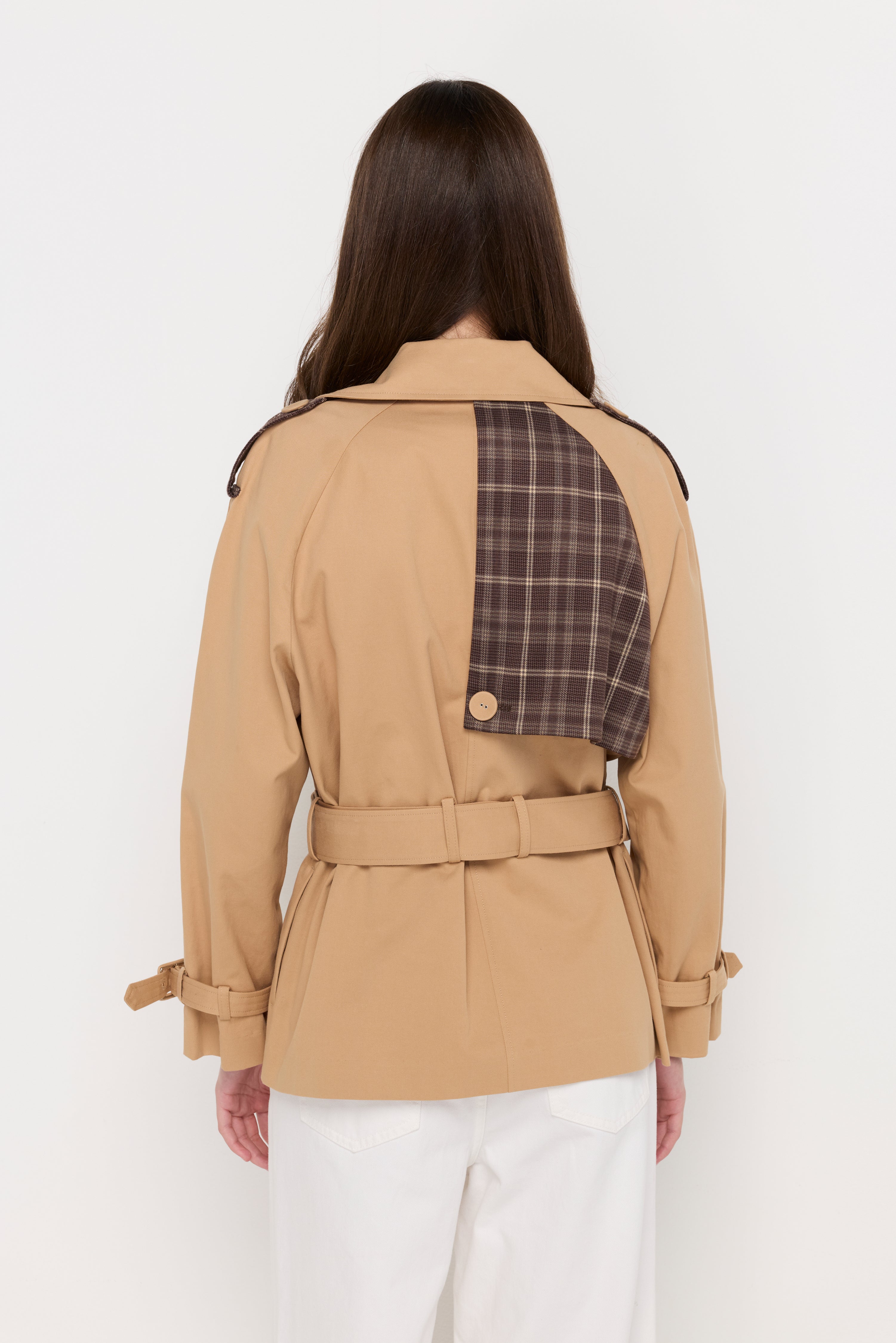 Contrast Plaid Belted Trench Jacket Brown