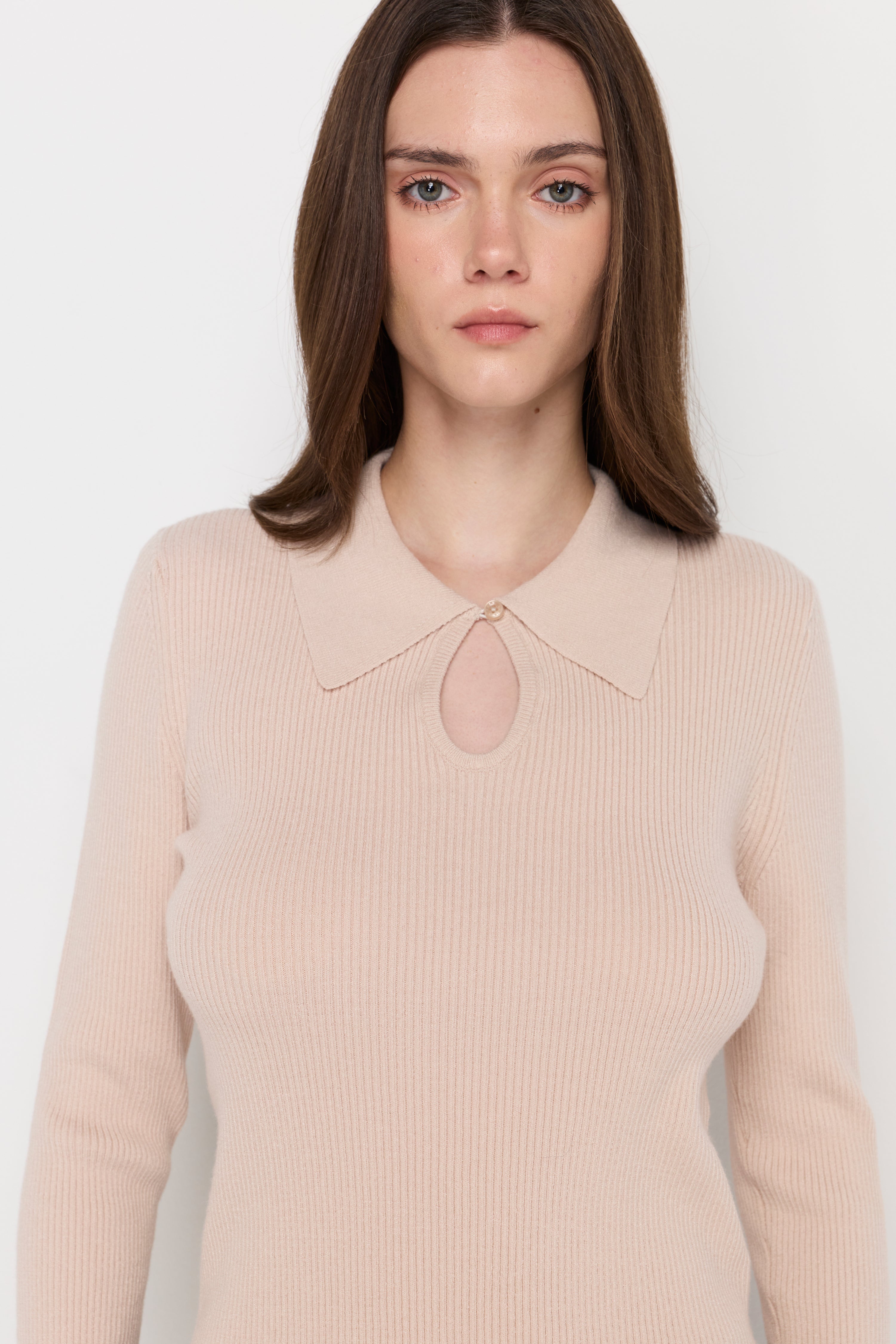 Keyhole Collar Textured Knit Top Cream