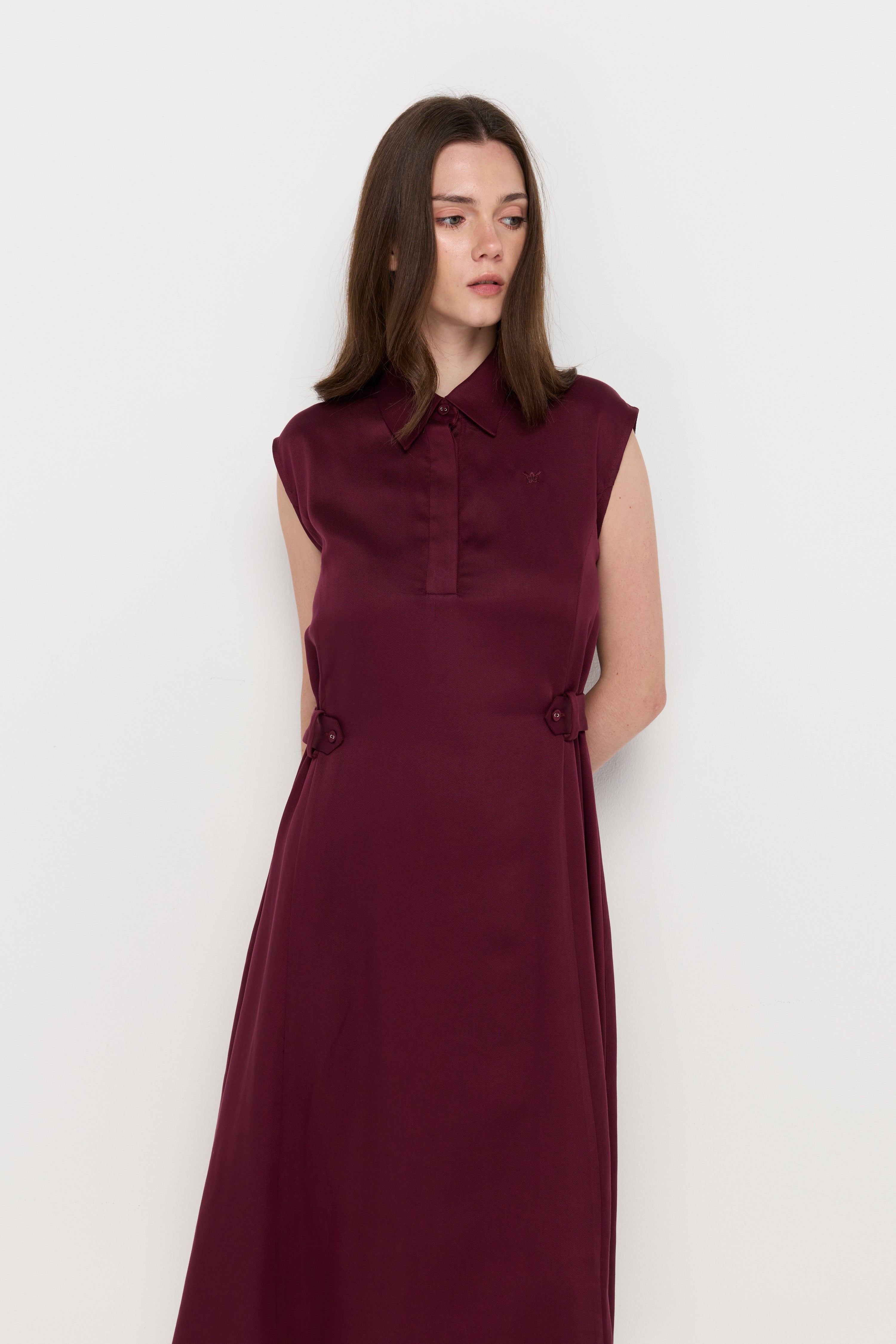 Side-Buckle A-Line Midi Dress Dark Red