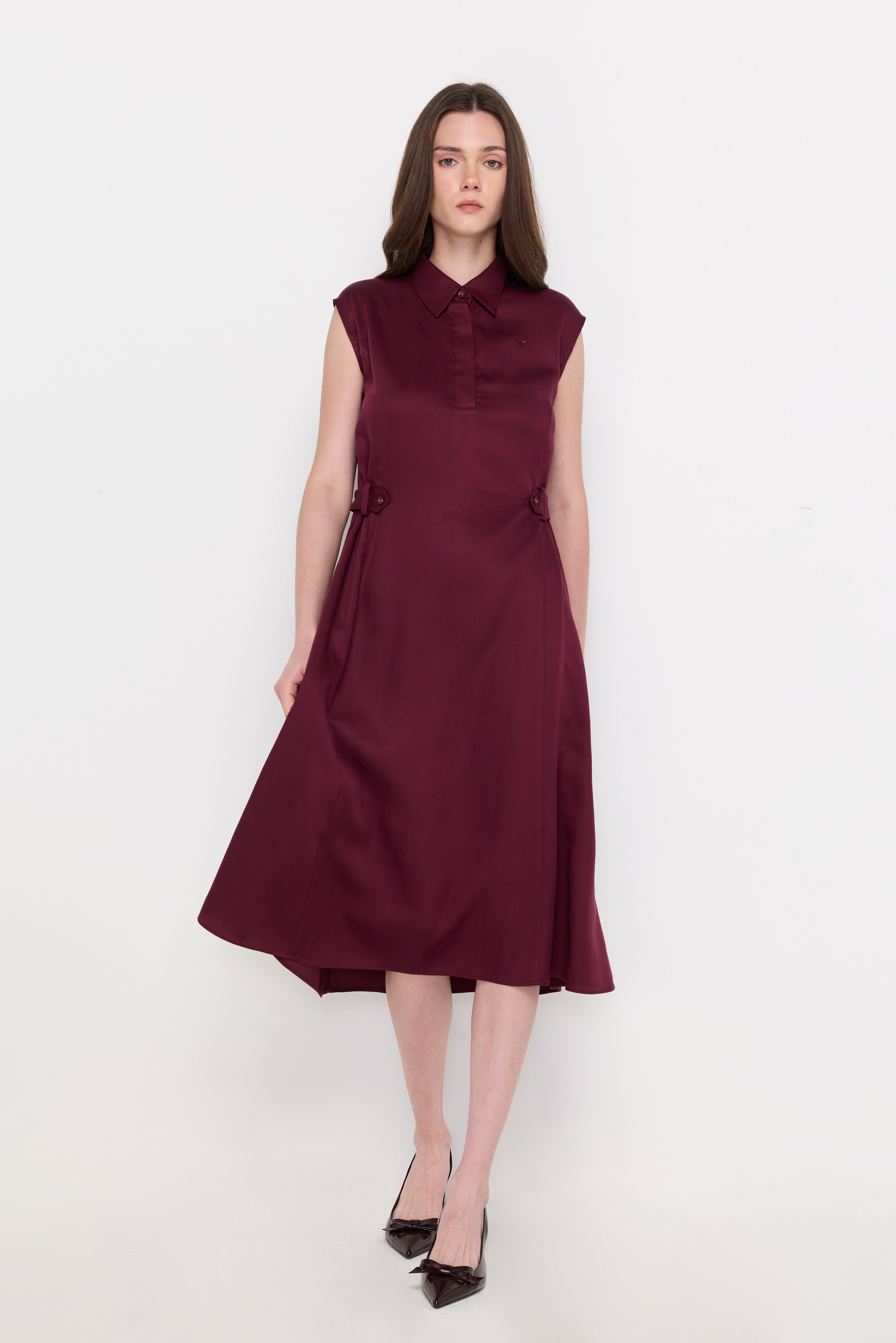 Side-Buckle A-Line Midi Dress Dark Red