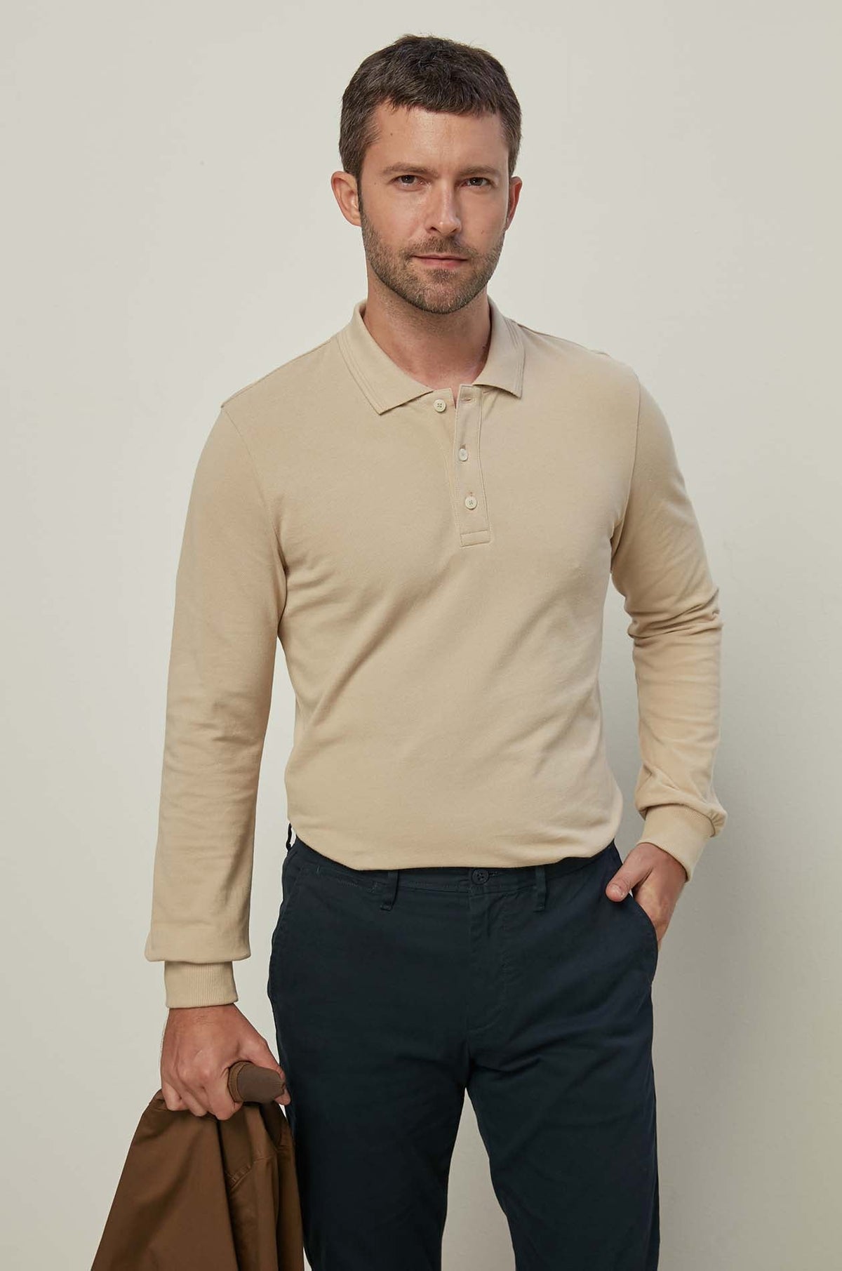 Long Sleeve Pique Polo Light Beige