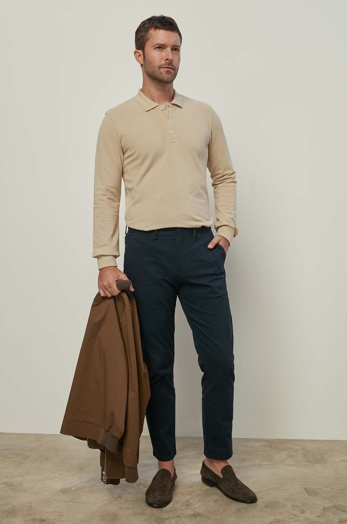 Long Sleeve Pique Polo Light Beige