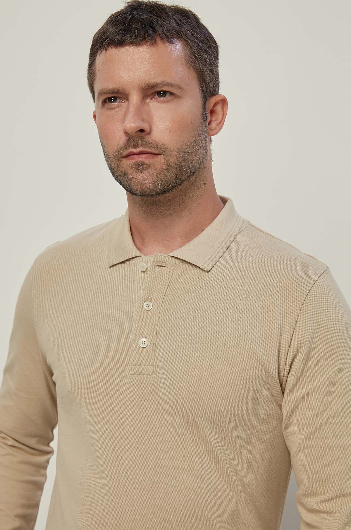 Long Sleeve Pique Polo Light Beige