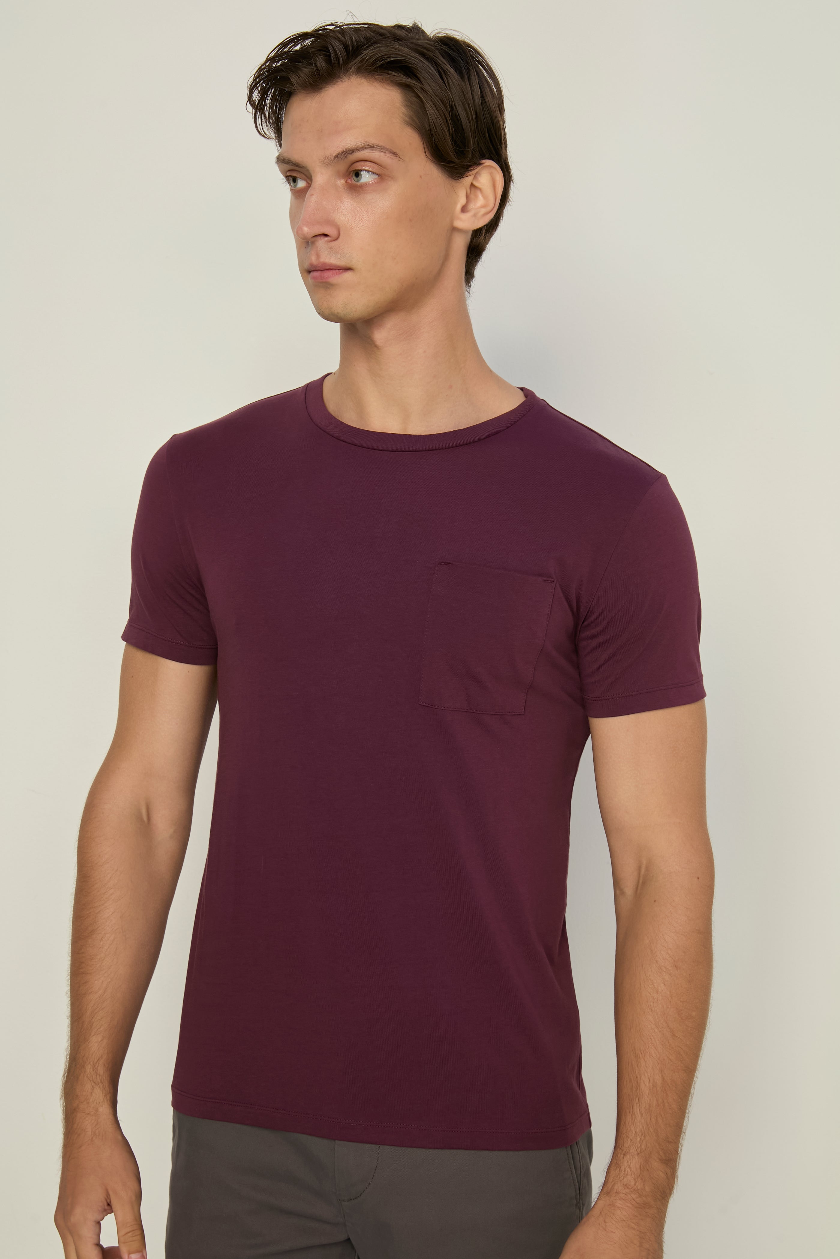 Round Neck Tee With Pocket Dark Red