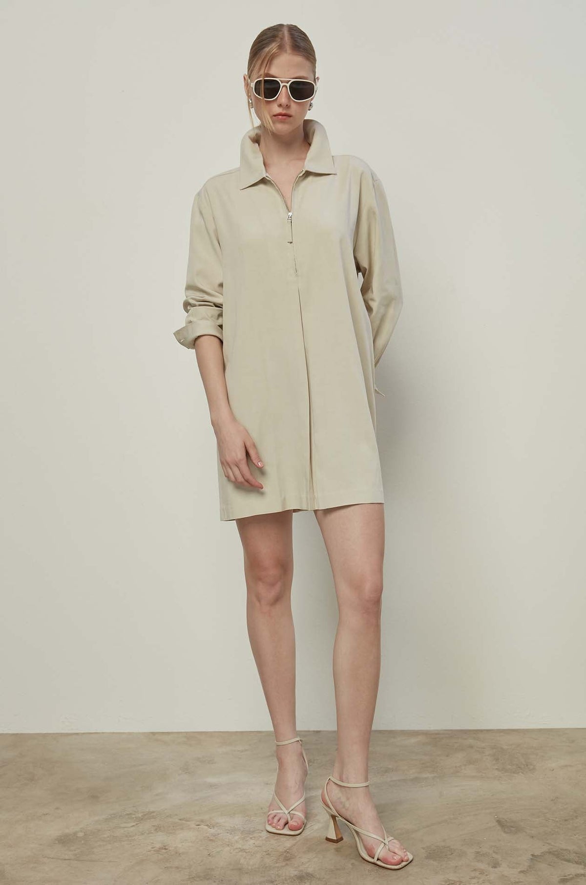 Long Sleeve Zip Front Dress Beige