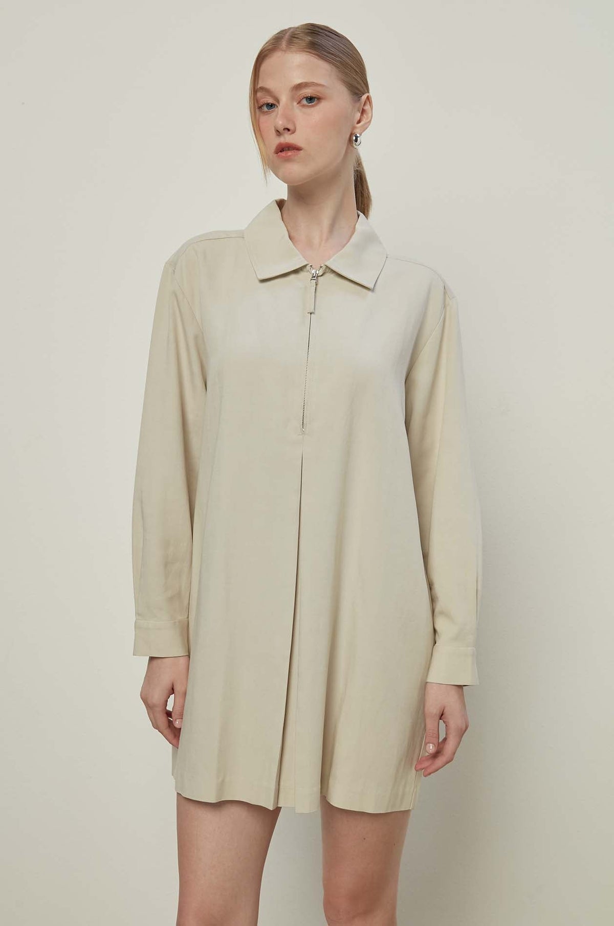 Long Sleeve Zip Front Dress Beige
