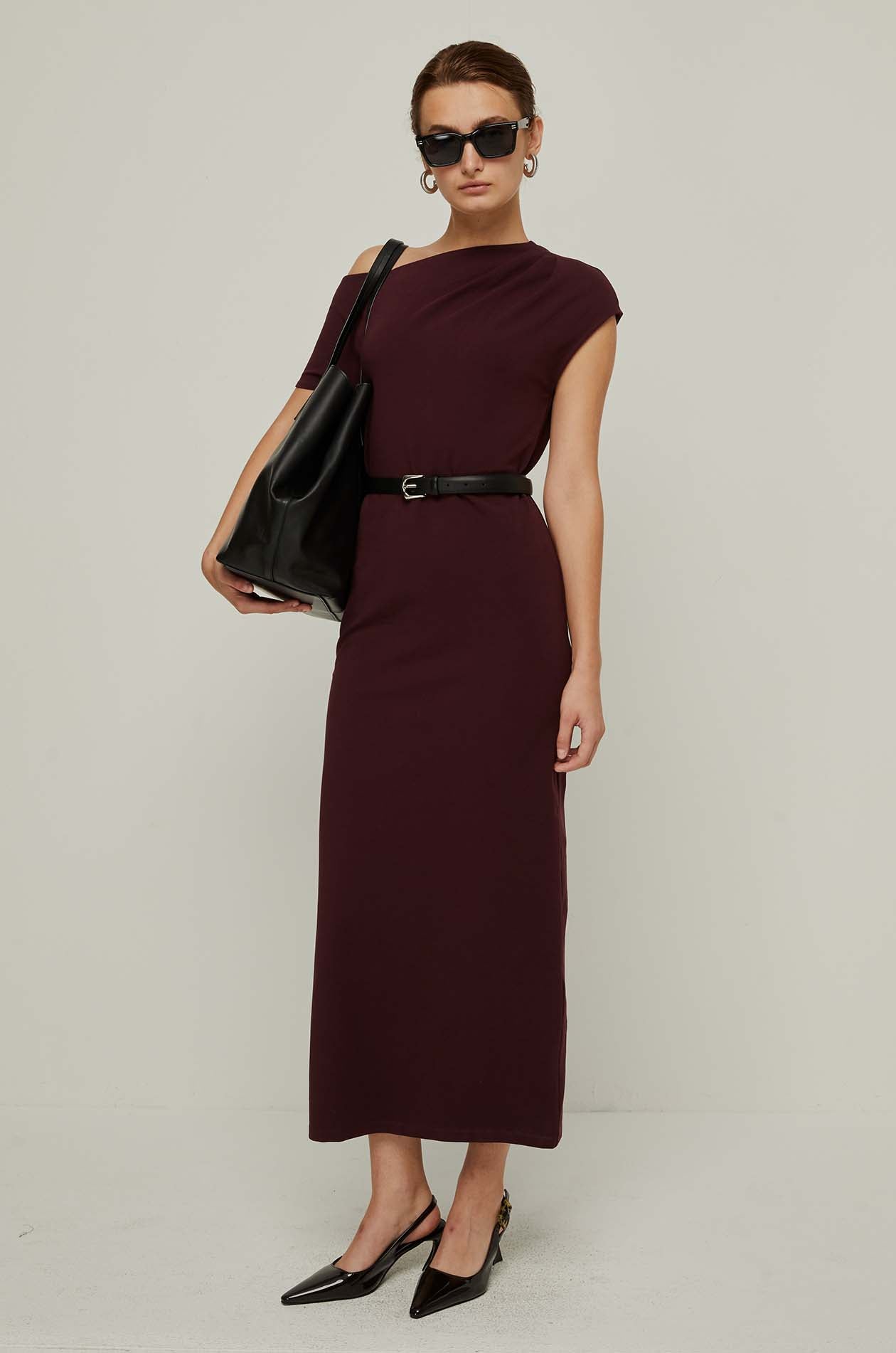 One-Shoulder Jersey Dress Maroon