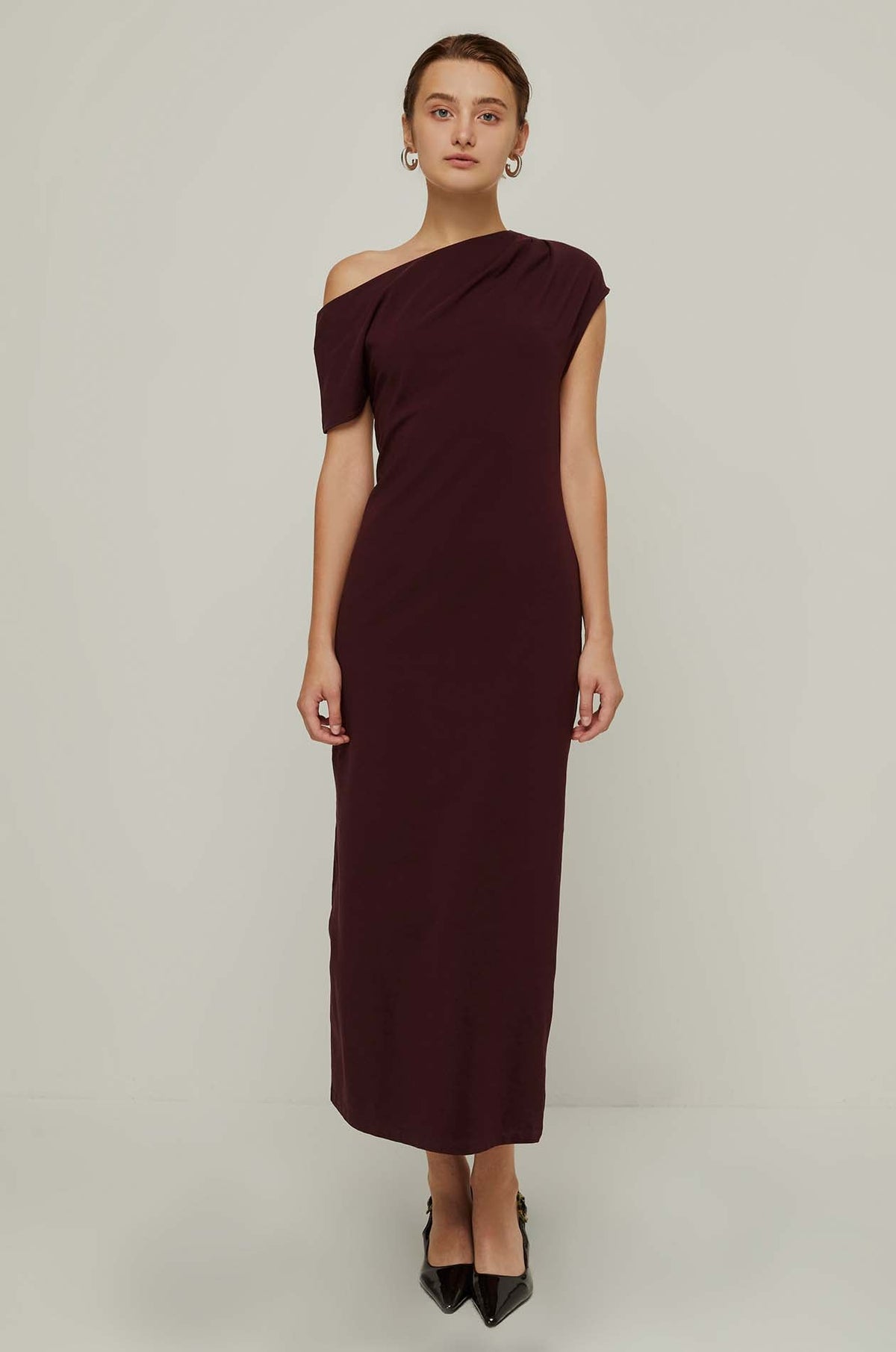 One-Shoulder Jersey Dress Maroon