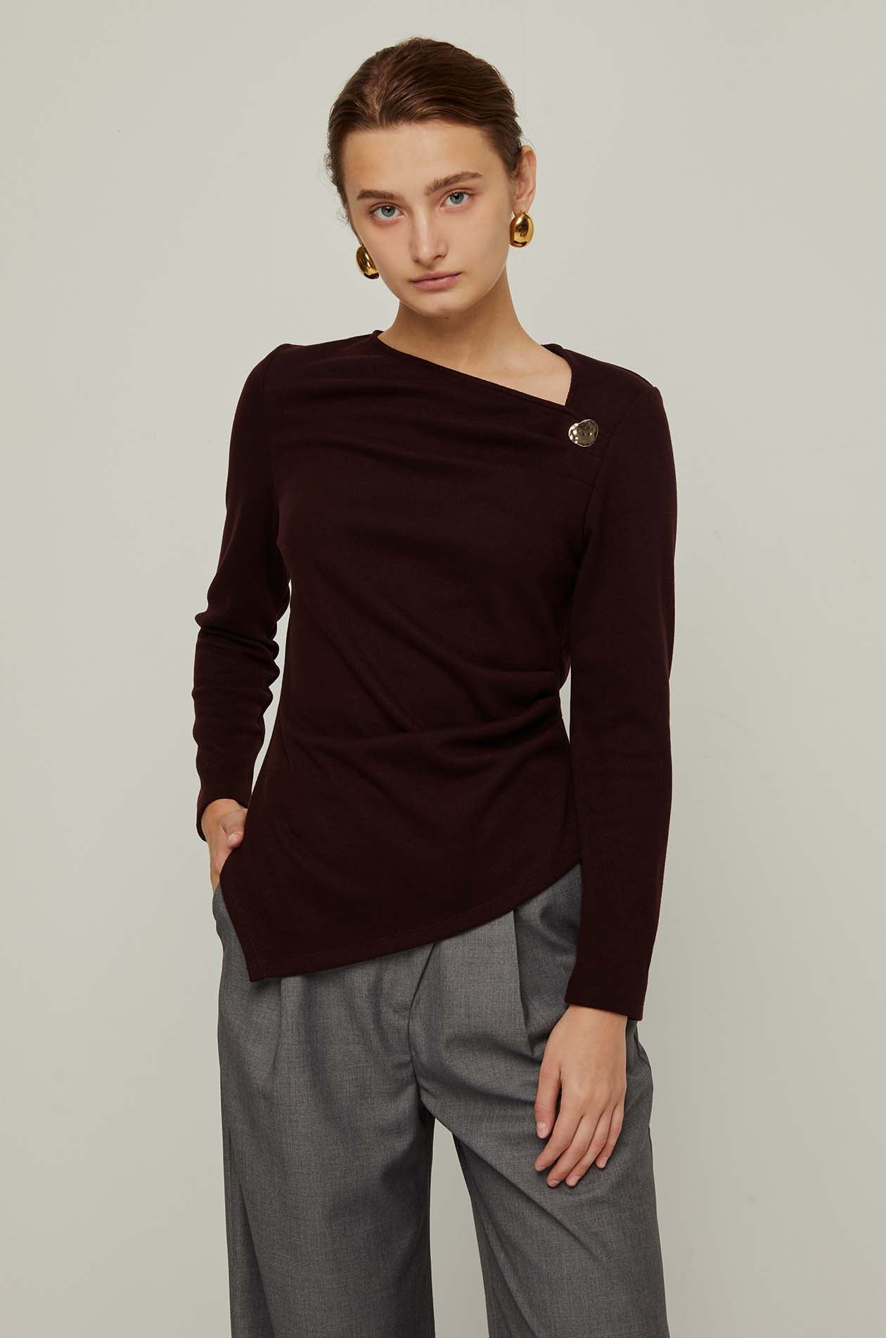 Asymmetric Long Sleeve Top Maroon