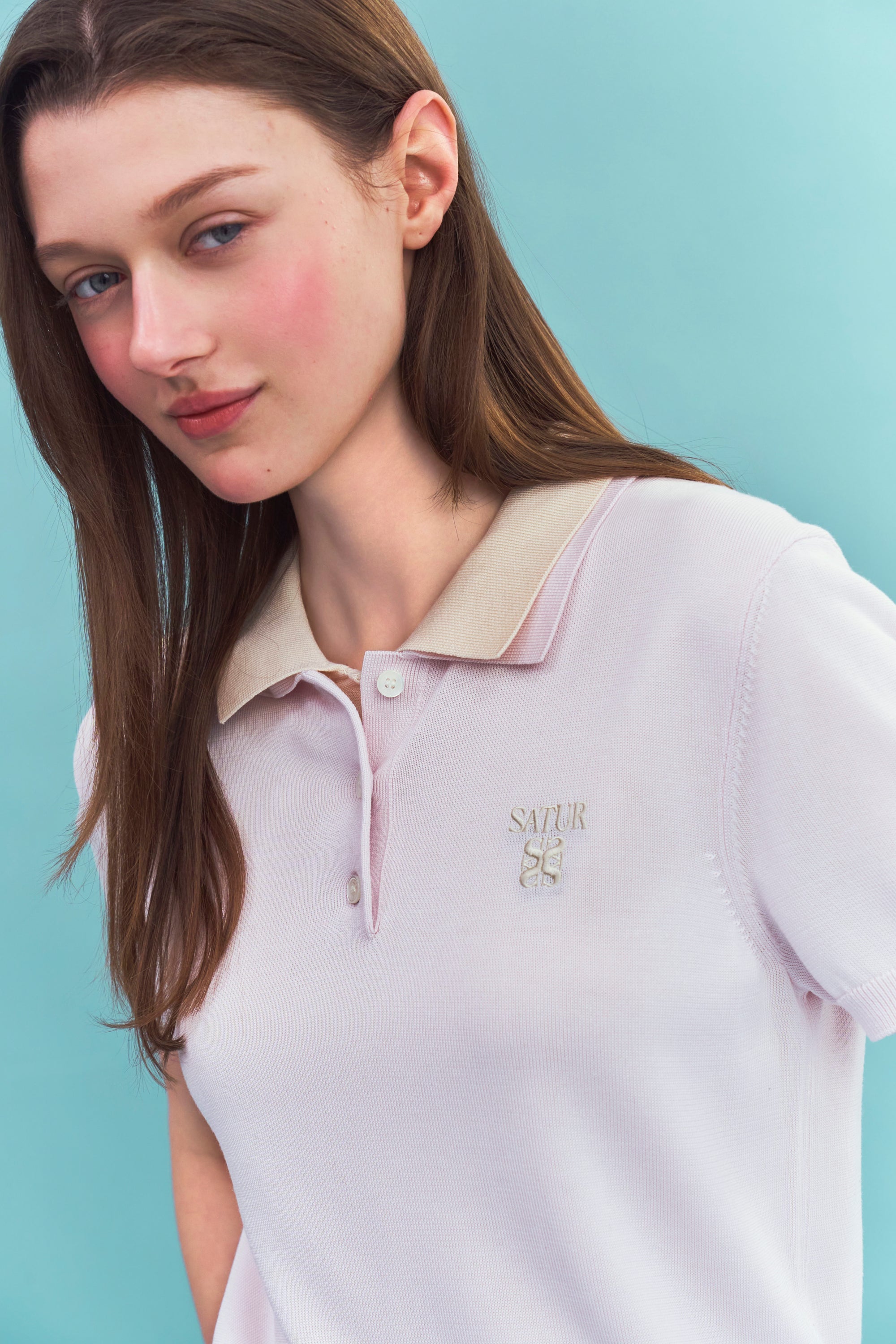 (W) Classic Collar Half Knit Pink